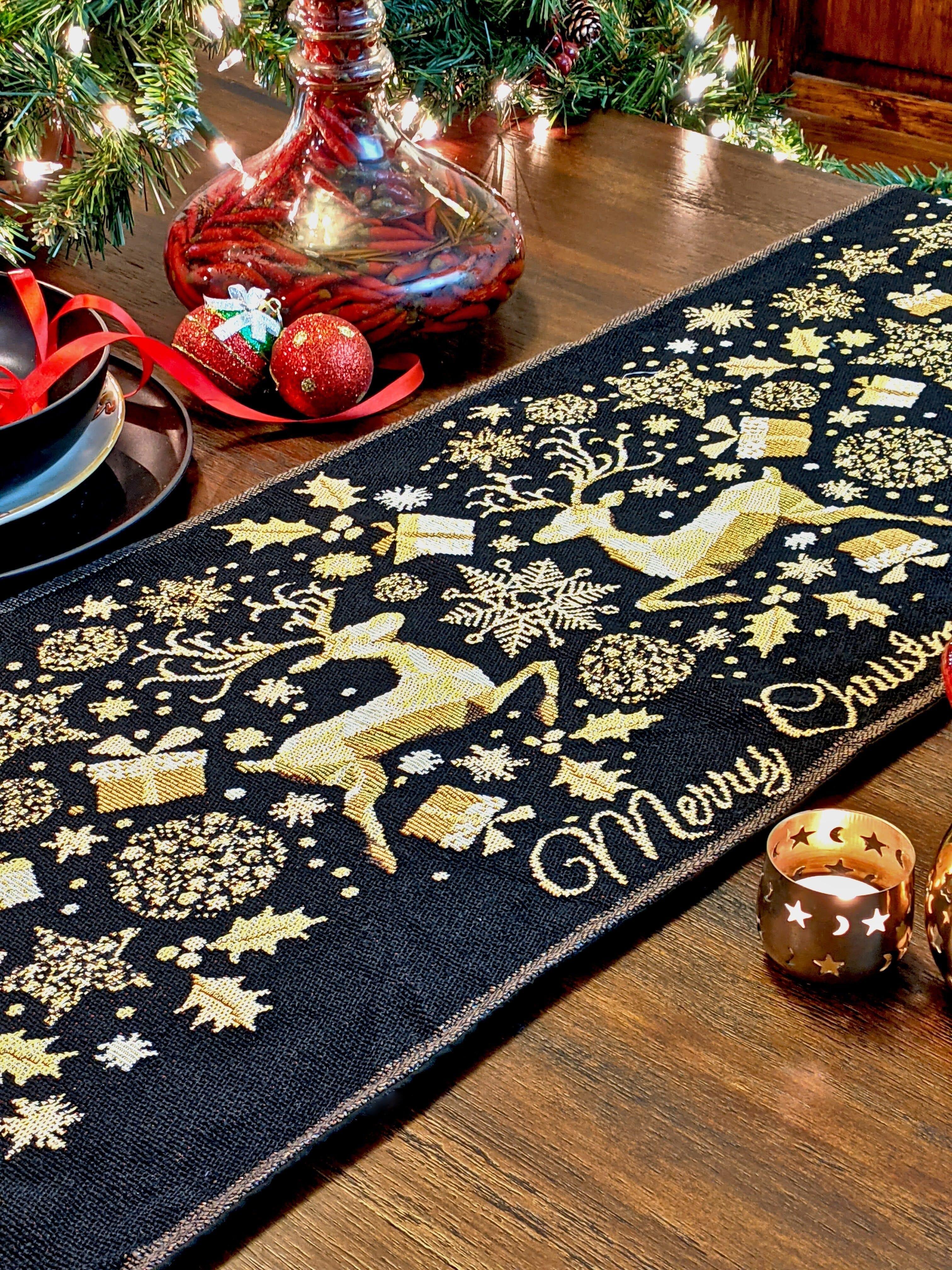 DaDa Bedding Magical Golden Reindeer Woven Tapestry Dining Table Runner (18272) DaDalogy Bedding Collection