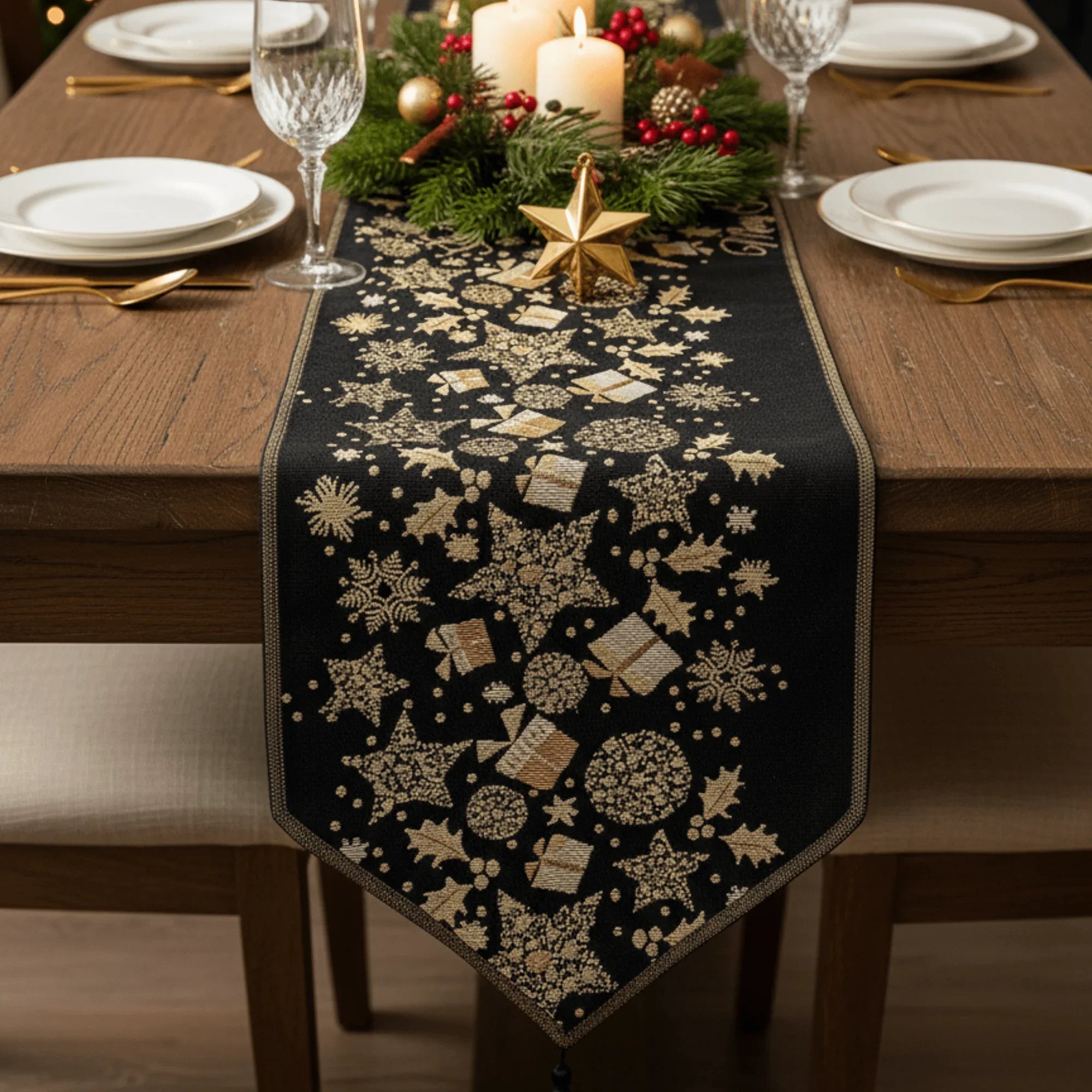 DaDa Bedding Magical Golden Reindeer Woven Tapestry Dining Table Runner (18272) DaDalogy Bedding Collection