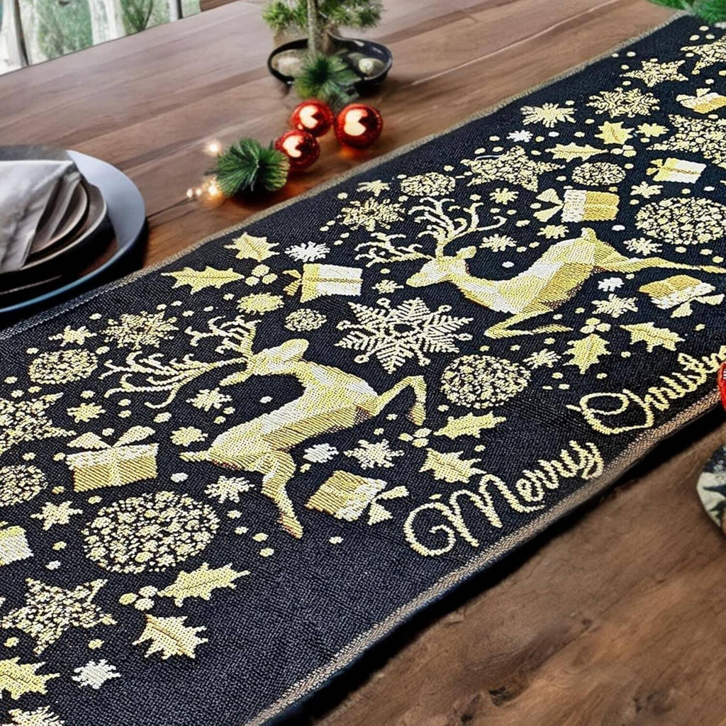 DaDa Bedding Magical Golden Reindeer Woven Tapestry Dining Table Runner (18272) DaDalogy Bedding Collection