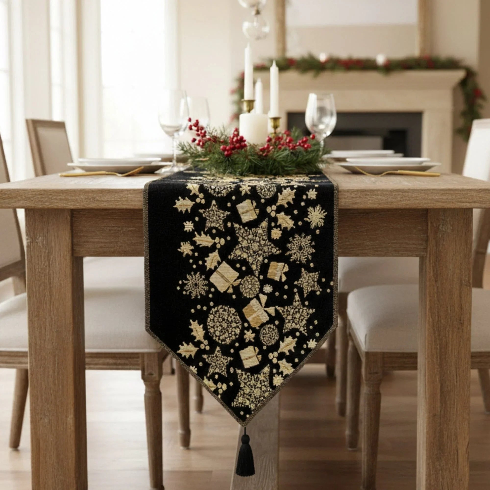 DaDa Bedding Magical Golden Reindeer Woven Tapestry Dining Table Runner (18272) DaDalogy Bedding Collection