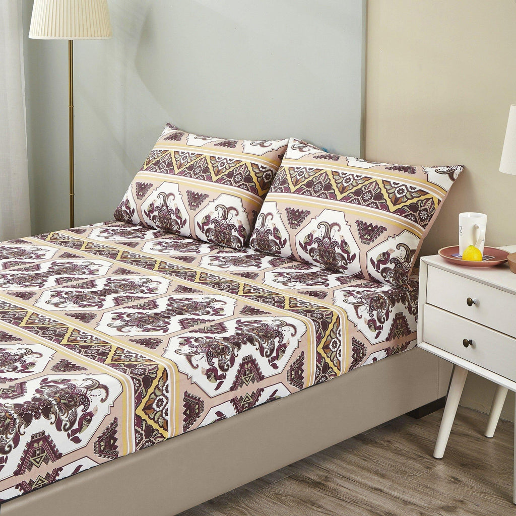 DaDa Bedding Majestic Oriental Kilim Fitted Sheet - w/ Pillow Cases Royal Persian Traditional Design Intricate Ornate Ornament Print DaDalogy Bedding Collection