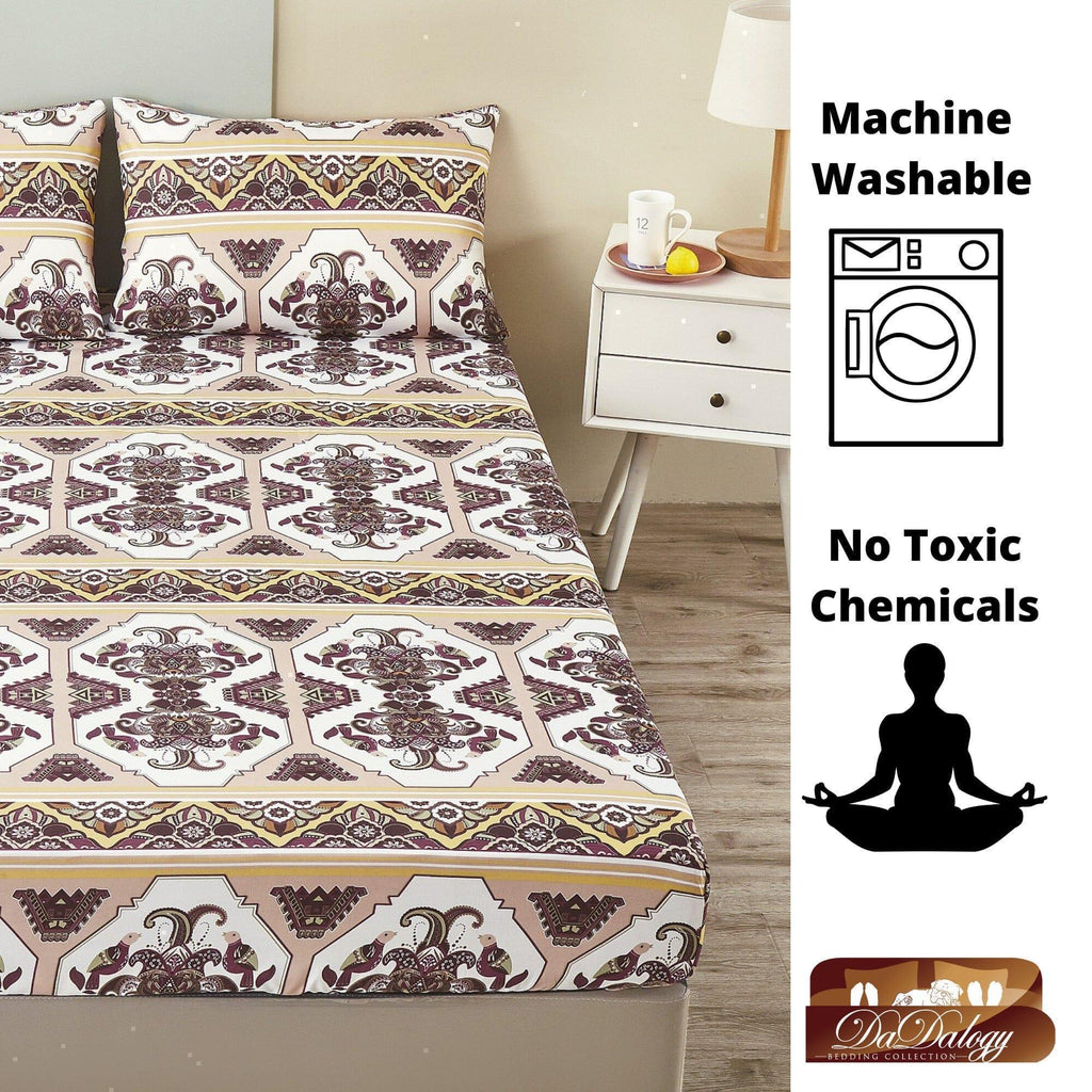 DaDa Bedding Majestic Oriental Kilim Fitted Sheet - w/ Pillow Cases Royal Persian Traditional Design Intricate Ornate Ornament Print DaDalogy Bedding Collection