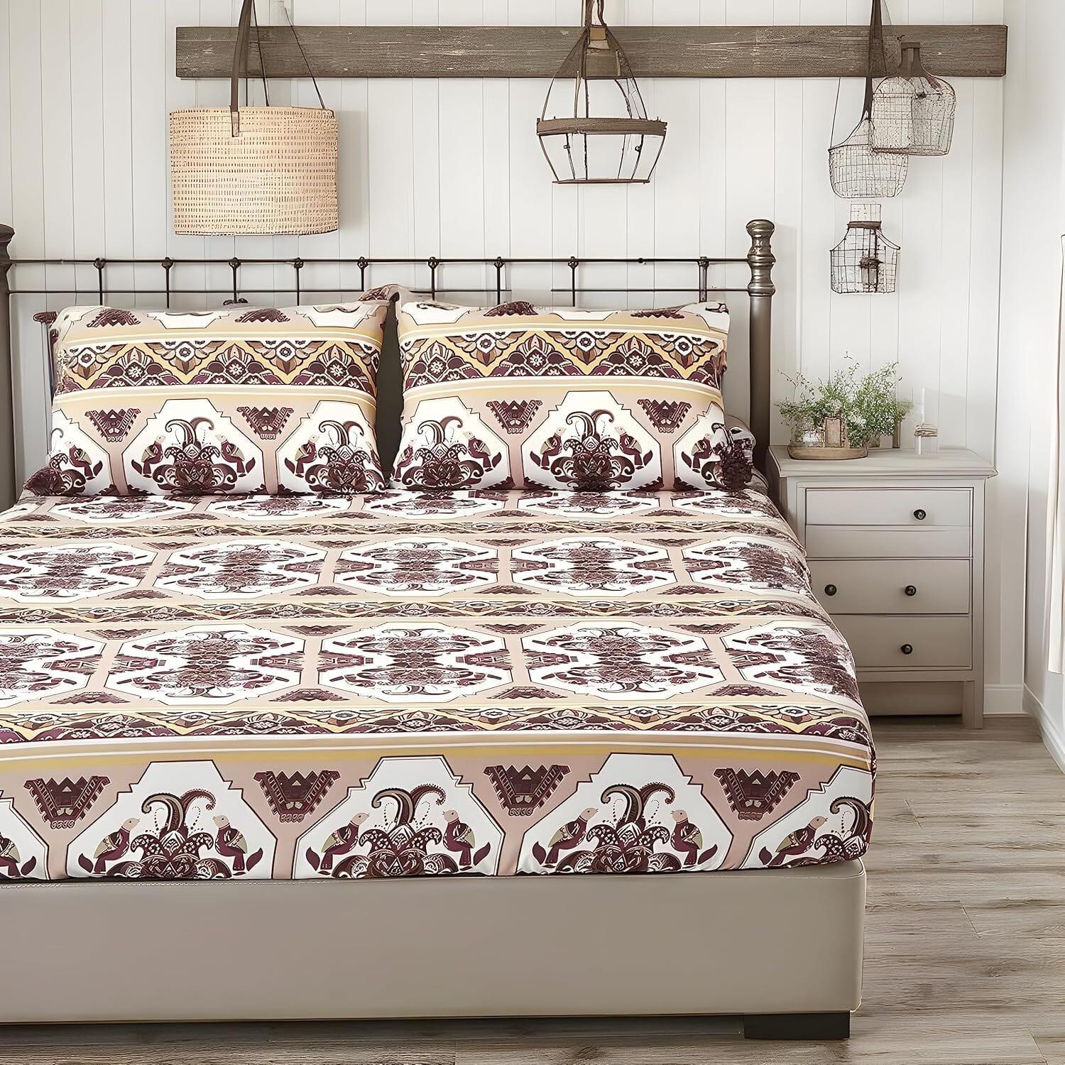 DaDa Bedding Majestic Oriental Kilim Fitted Sheet - w/ Pillow Cases Royal Persian Traditional Design Intricate Ornate Ornament Print DaDalogy Bedding Collection