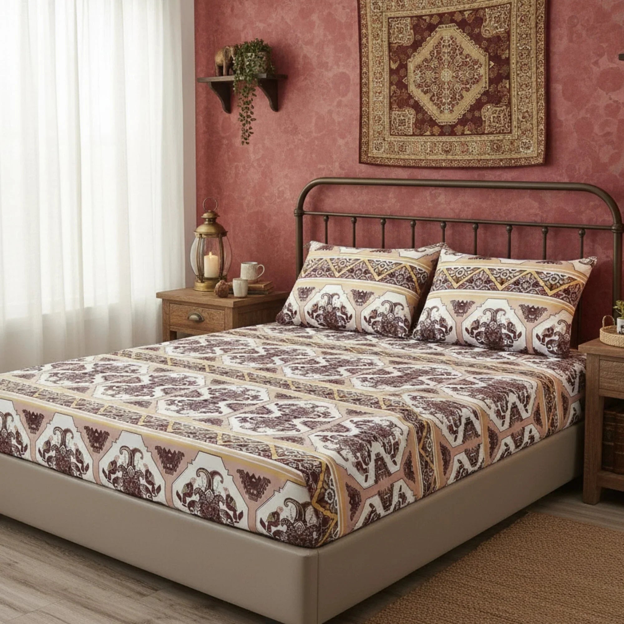 DaDa Bedding Majestic Oriental Kilim Fitted Sheet - w/ Pillow Cases Royal Persian Traditional Design Intricate Ornate Ornament Print DaDalogy Bedding Collection