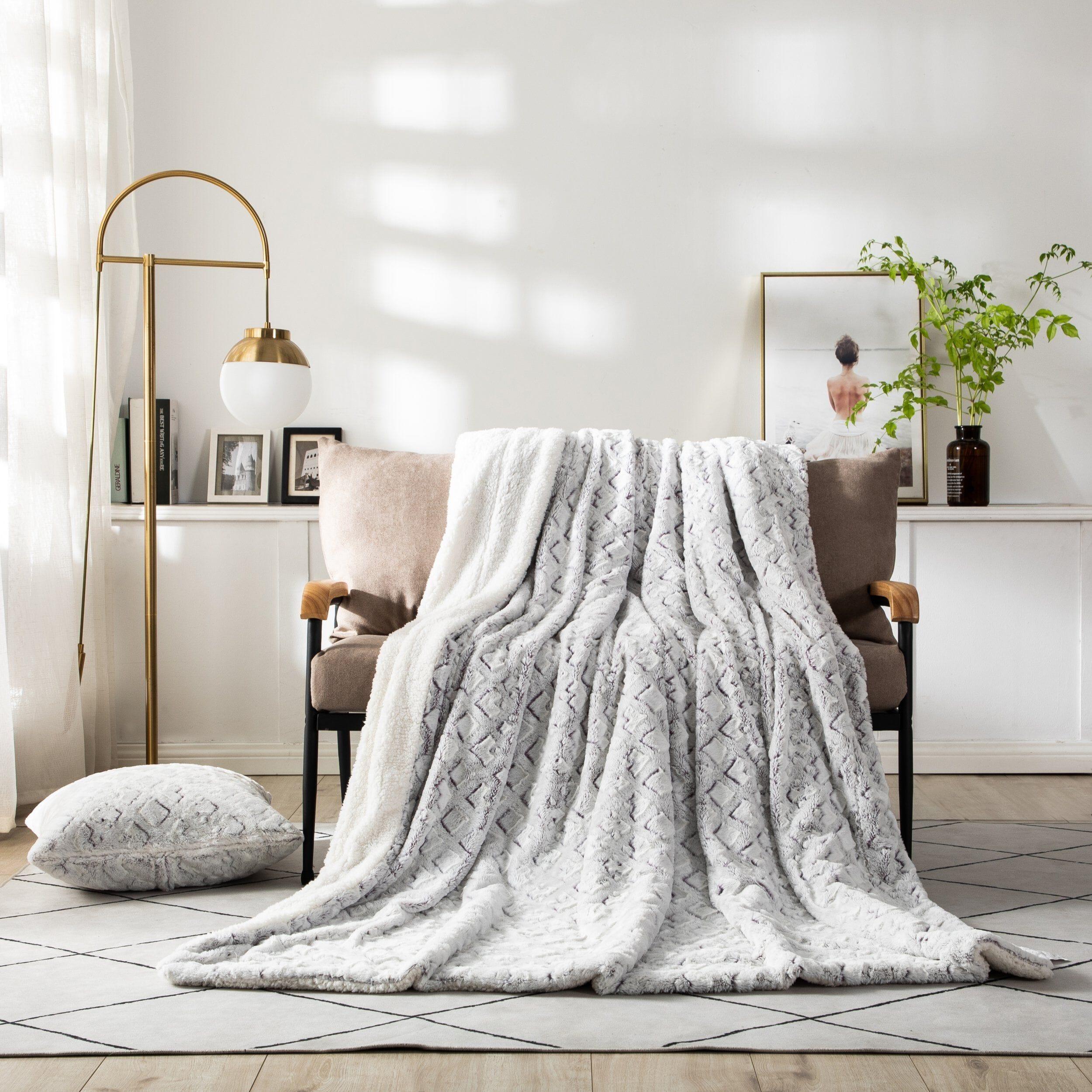 DaDa Bedding Luxury Dreamy Milky White & Purple Sherpa Backside Faux Fur Throw Blanket (M3395) DaDalogy Bedding Collection