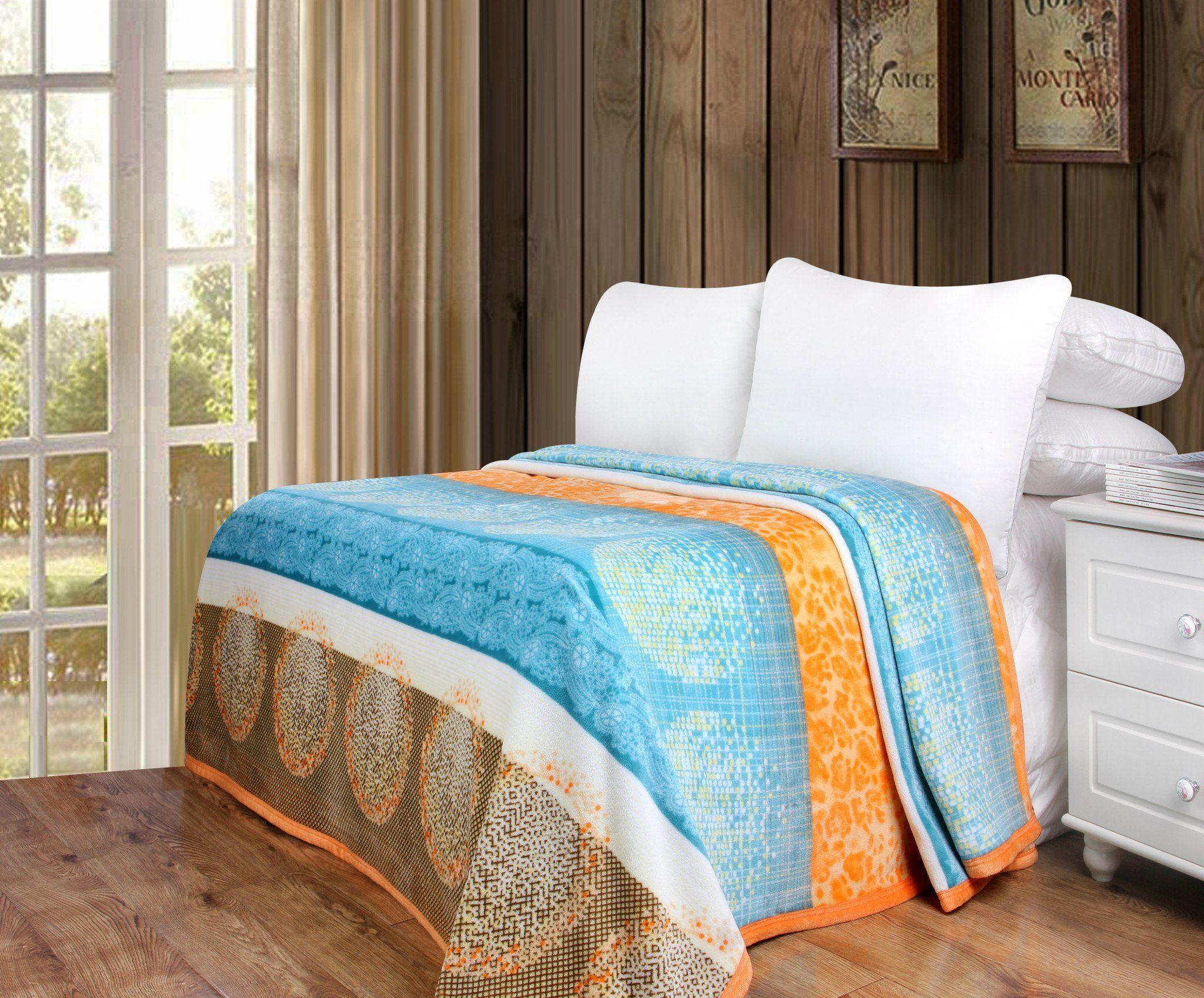 DaDa Bedding Papaya Beach Orange & Blue Reversible Soft Fleece Flannel Throw Blanket (XY9841) DaDalogy Bedding Collection