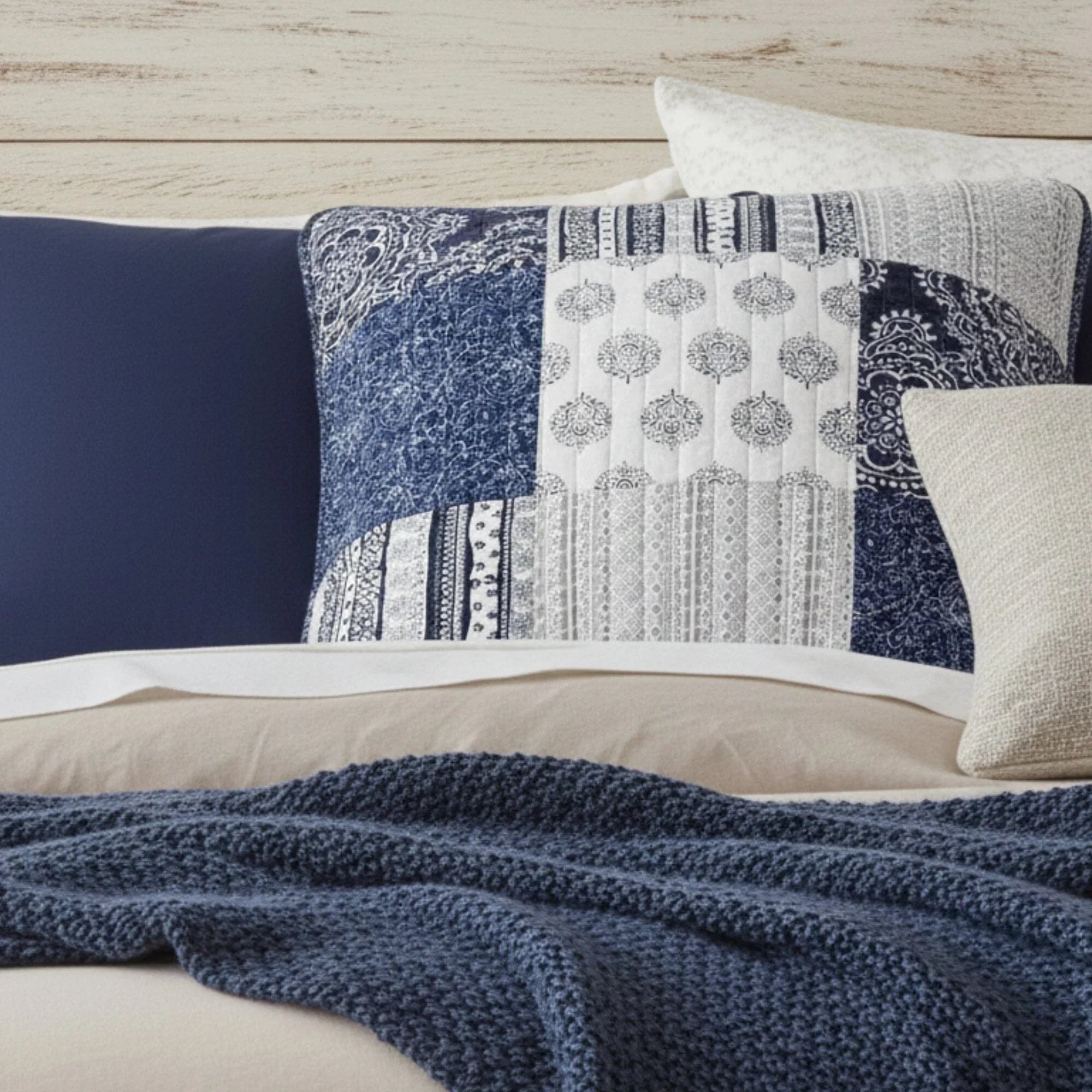 DaDa Bedding Patchwork Denim Blue Elegance Bohemian Euro Sham - 26” x 26" - 1PC (JHW660) DaDalogy Bedding Collection