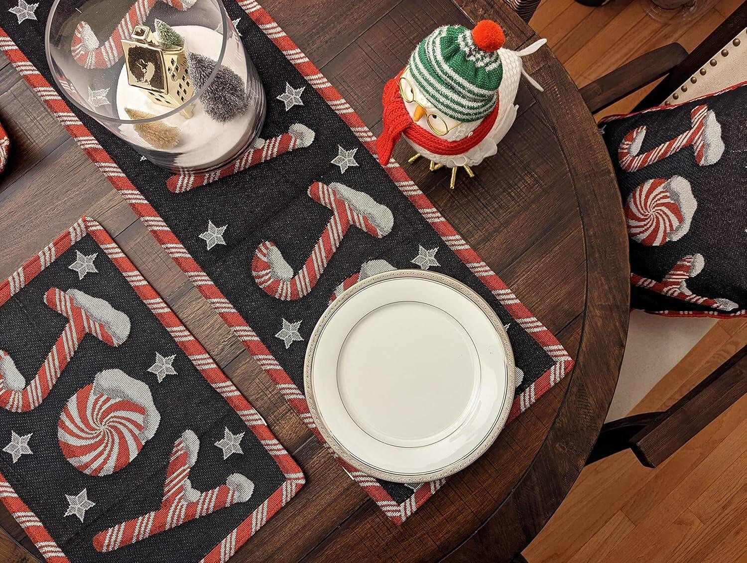 DaDa Bedding Peppermint Joy Red Black Holiday Tapestry Dining Table Runner (12904) DaDalogy Bedding Collection
