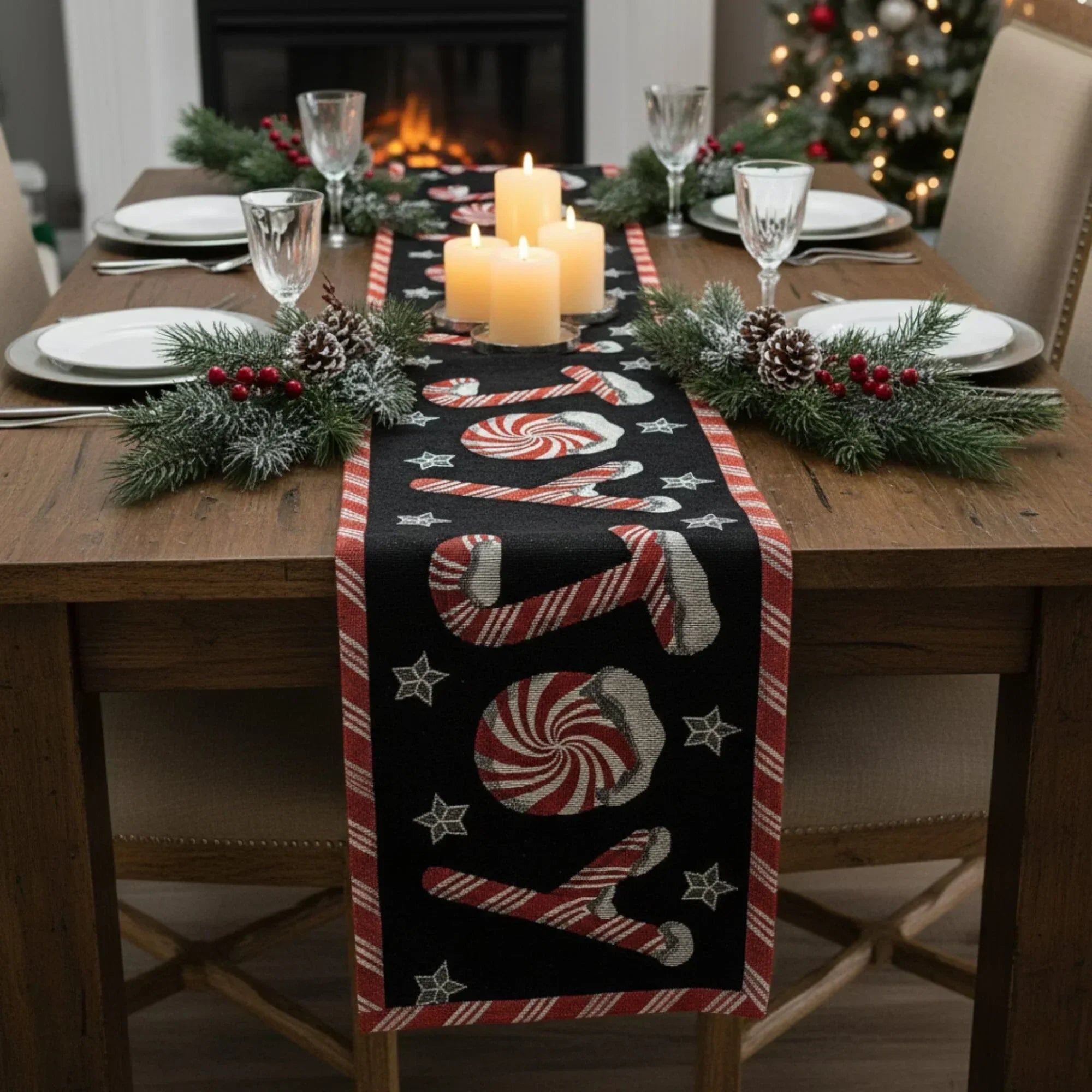 DaDa Bedding Peppermint Joy Red Black Holiday Tapestry Dining Table Runner (12904) DaDalogy Bedding Collection