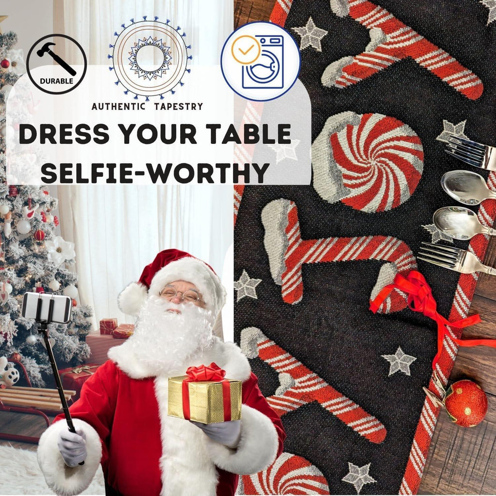 DaDa Bedding Peppermint Joy Red Black Holiday Tapestry Dining Table Runner (12904) DaDalogy Bedding Collection