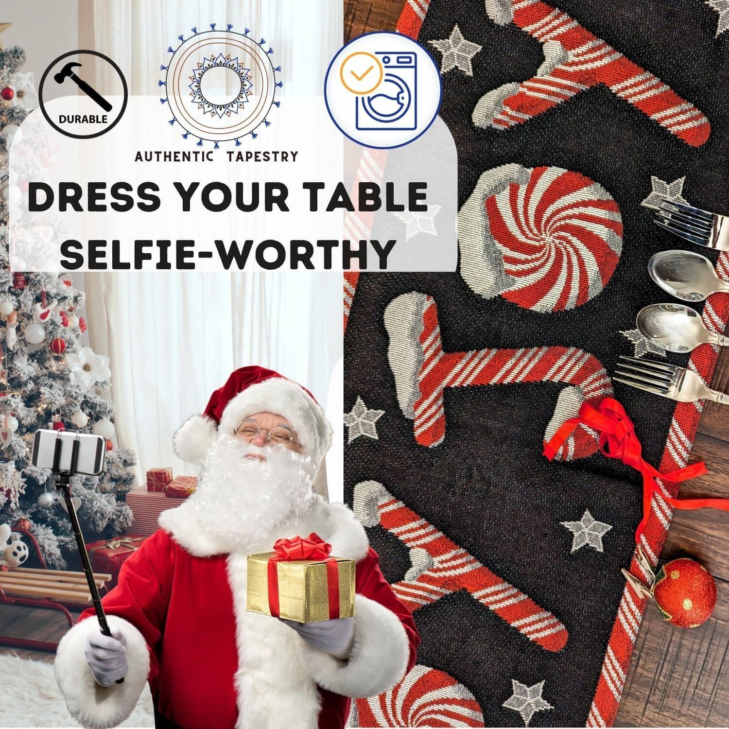 DaDa Bedding Peppermint Joy Red Black Holiday Tapestry Dining Table Runner (12904) DaDalogy Bedding Collection