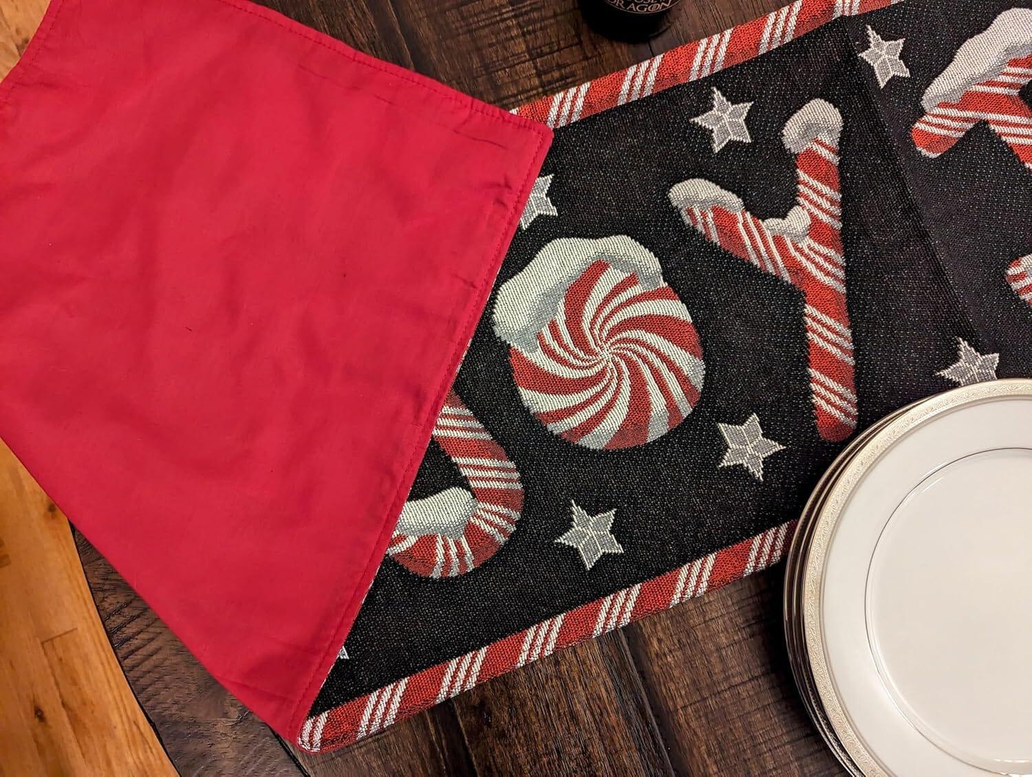 DaDa Bedding Peppermint Joy Red Black Holiday Tapestry Dining Table Runner (12904) DaDalogy Bedding Collection