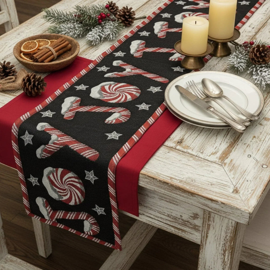 DaDa Bedding Peppermint Joy Red Black Holiday Tapestry Dining Table Runner (12904) DaDalogy Bedding Collection