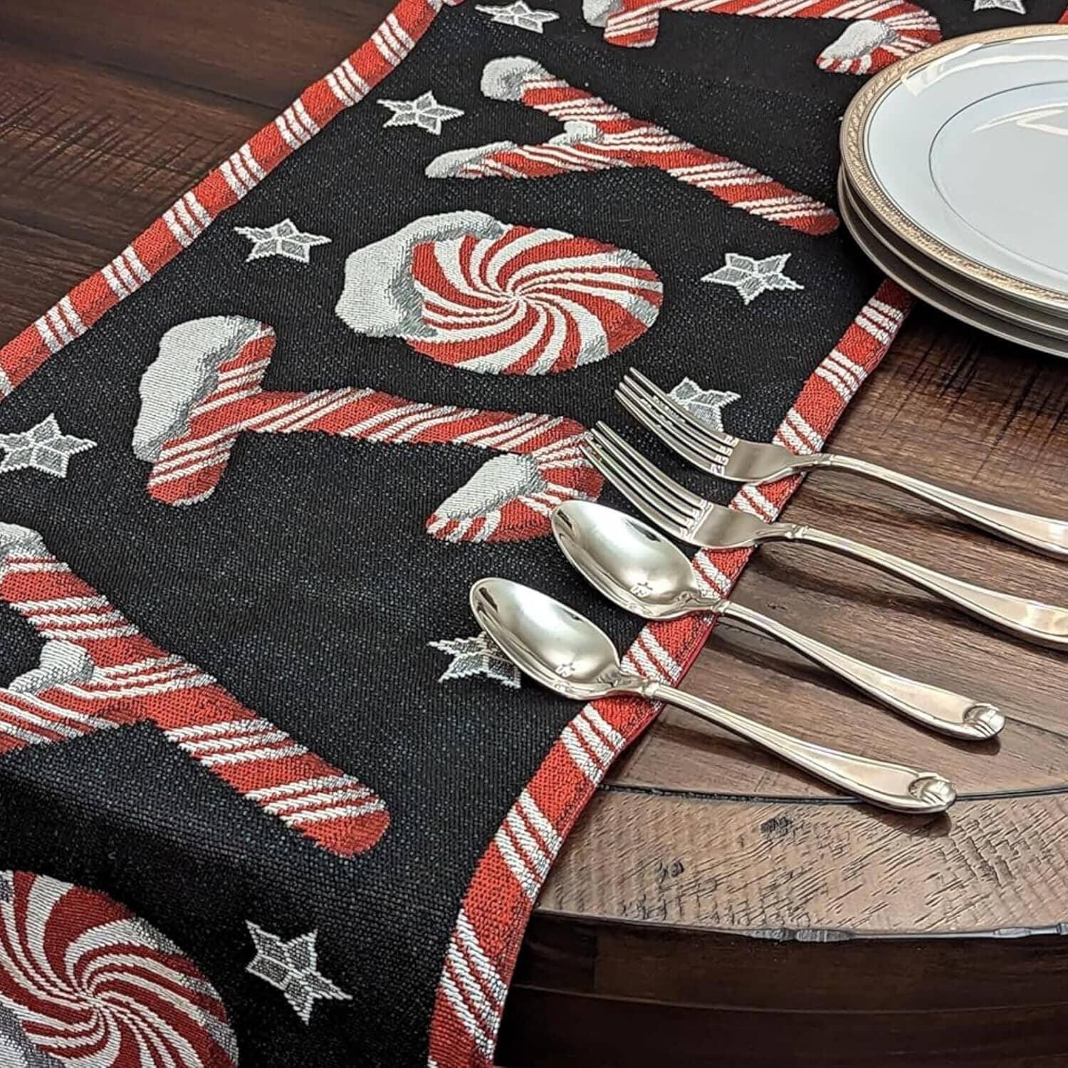 DaDa Bedding Peppermint Joy Red Black Holiday Tapestry Dining Table Runner (12904) DaDalogy Bedding Collection