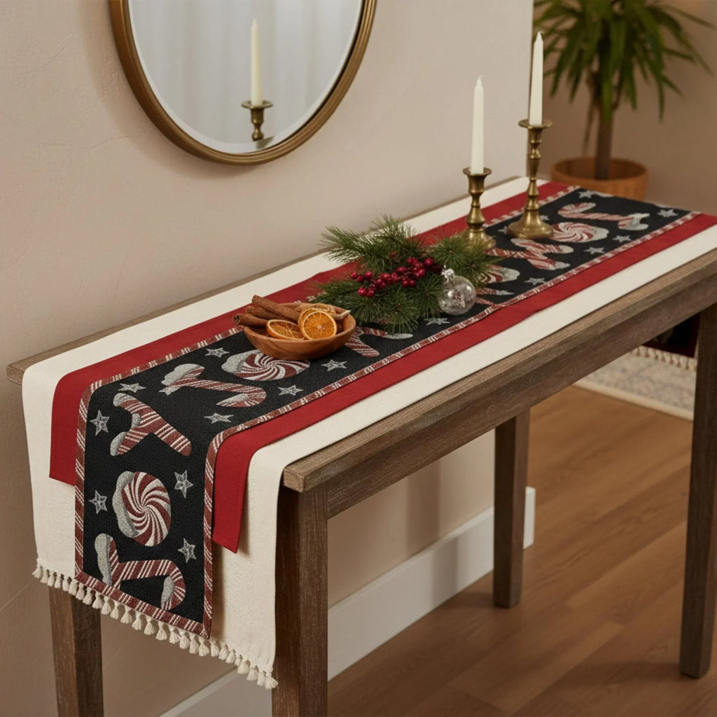 DaDa Bedding Peppermint Joy Red Black Holiday Tapestry Dining Table Runner (12904) DaDalogy Bedding Collection