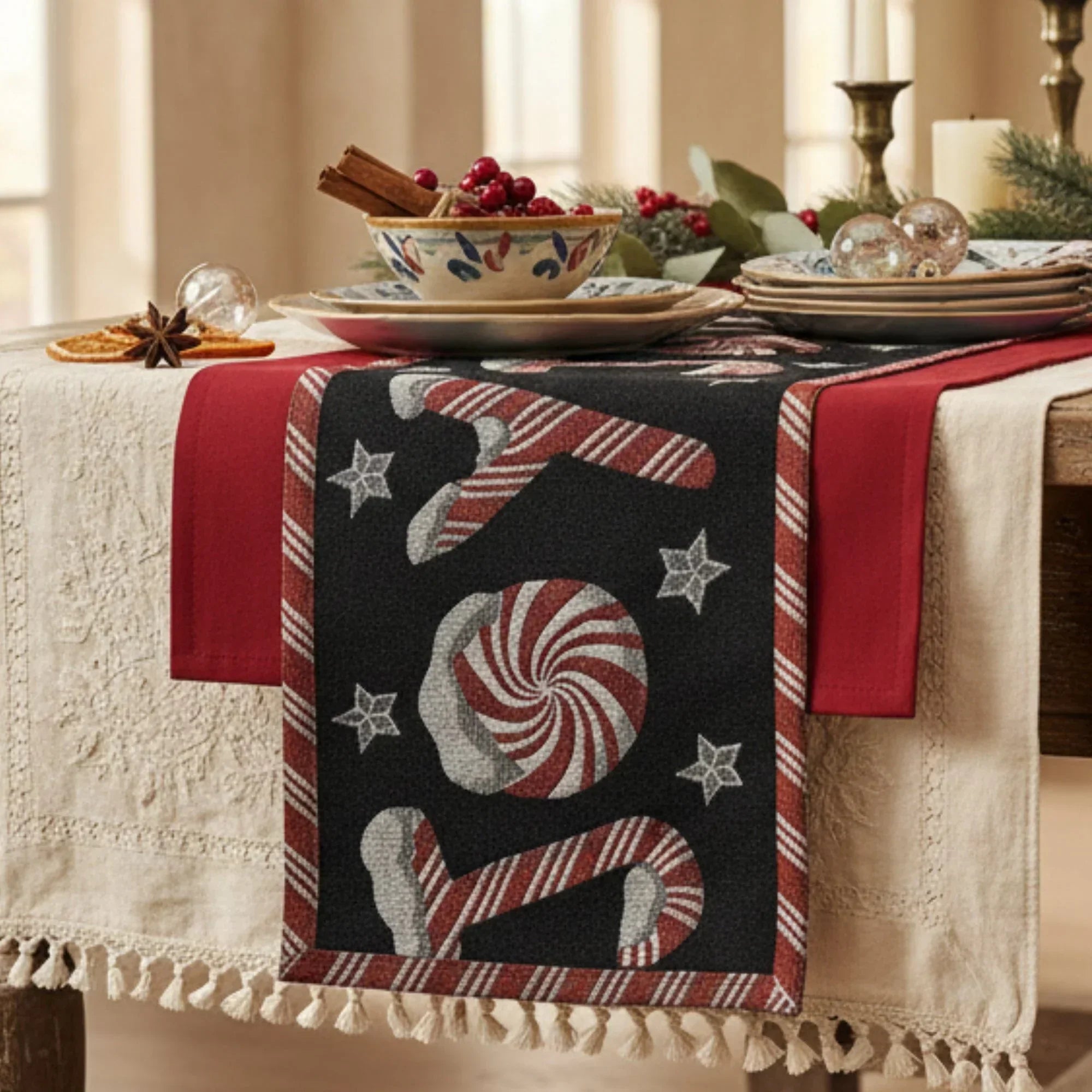 DaDa Bedding Peppermint Joy Red Black Holiday Tapestry Dining Table Runner (12904) DaDalogy Bedding Collection