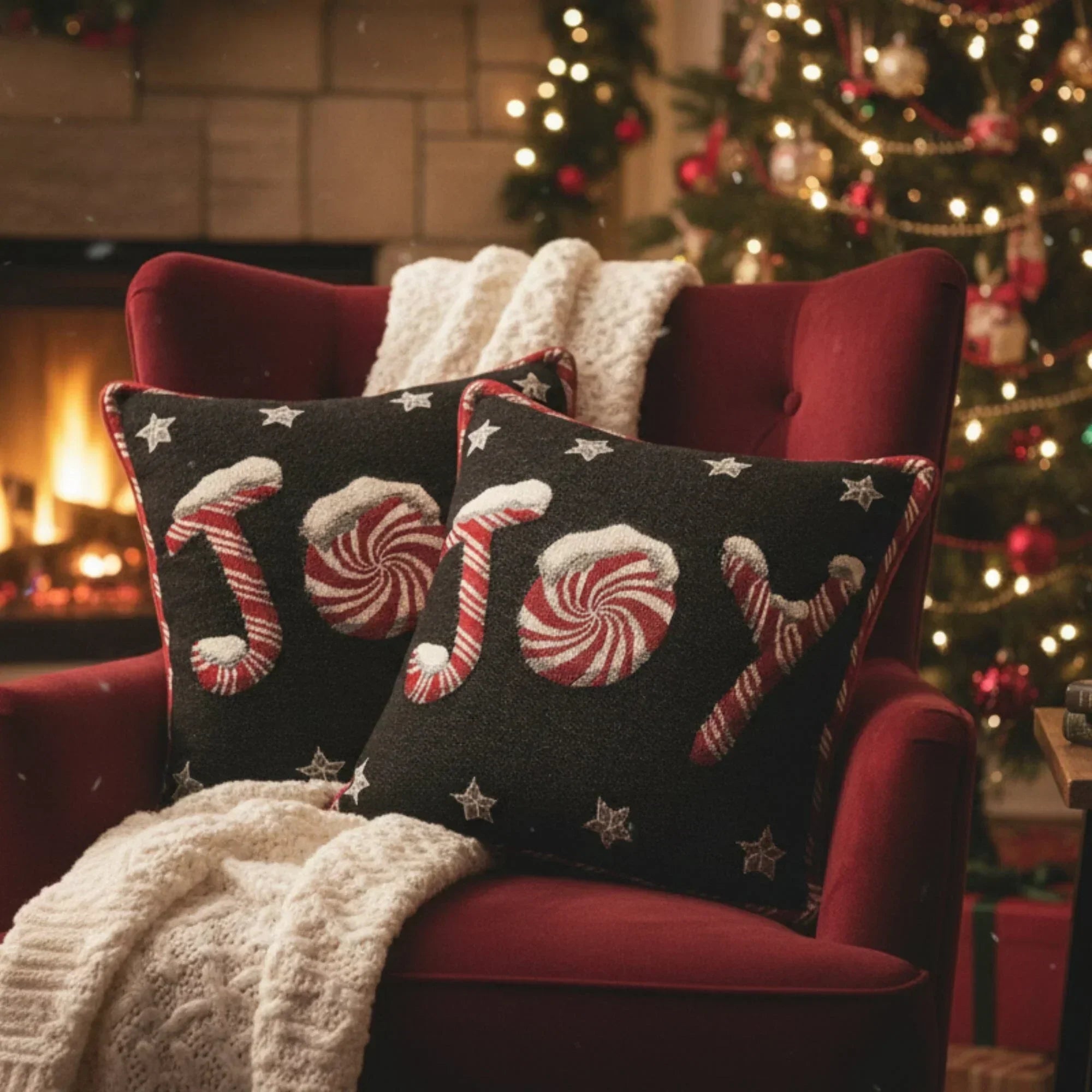 DaDa Bedding Peppermint Joy Stars Red Black Tapestry Throw Pillow Cover - 16” x 16” (12904) DaDalogy Bedding Collection