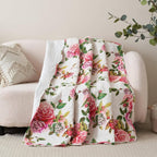 DaDa Bedding Romantic Roses Floral Throw Blanket - Lovely Spring Pink & White Scalloped Colorful Lightweight Breathable - Bright Vibrant Quilted Throw Blanket - 50 x 60 DaDalogy Bedding Collection