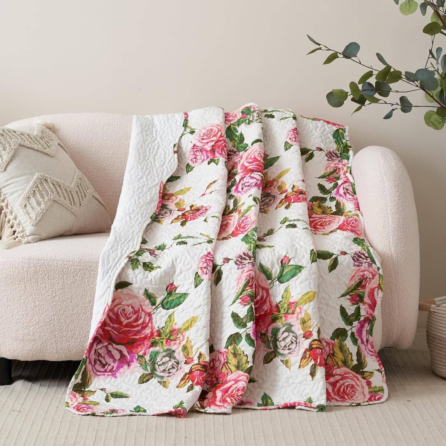 DaDa Bedding Romantic Roses Floral Throw Blanket - Lovely Spring Pink & White Scalloped Colorful Lightweight Breathable - Bright Vibrant Quilted Throw Blanket - 50 x 60 DaDalogy Bedding Collection