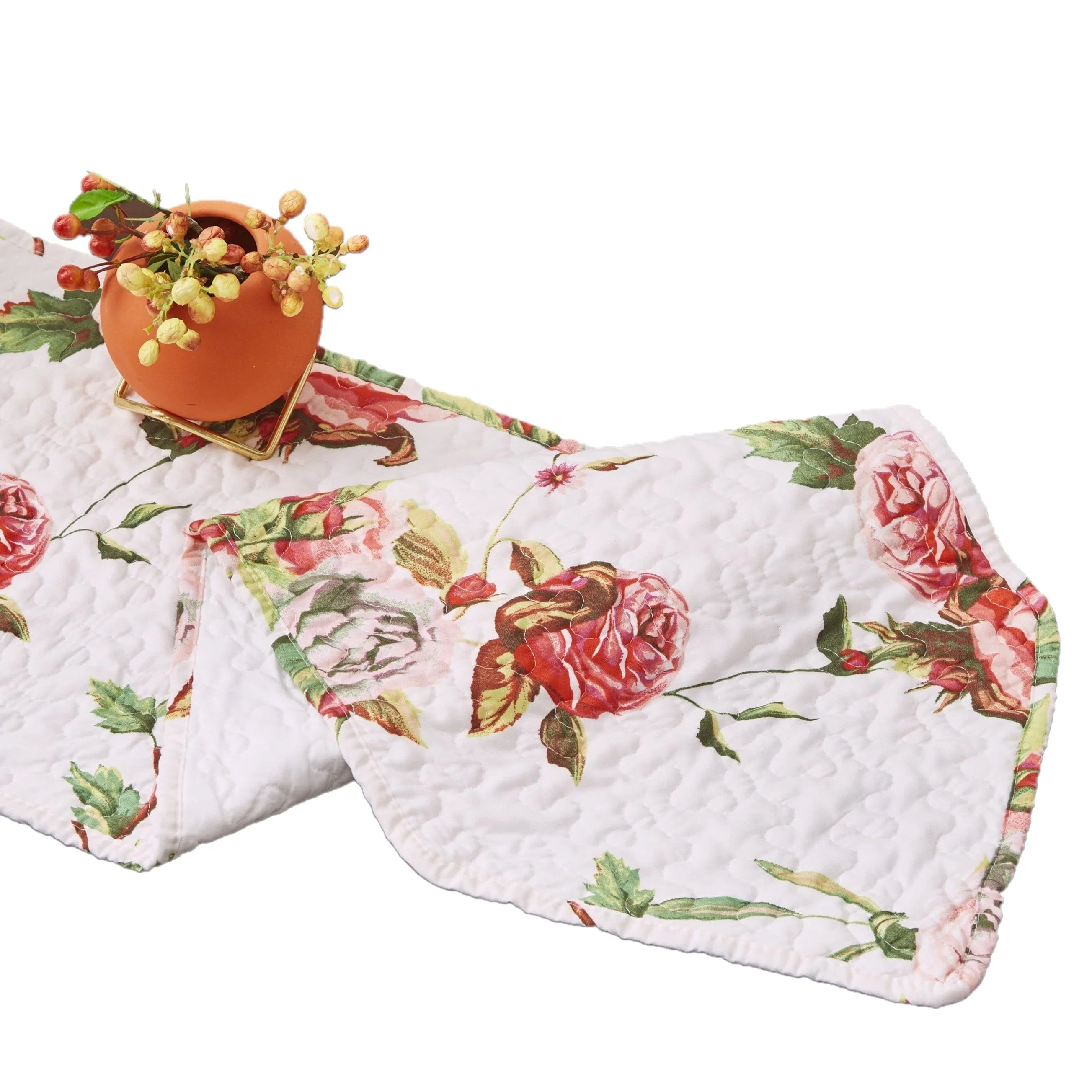 DaDa Bedding Romantic Roses Pink White Lovely Floral Quilted Dining Table Runner (879) DaDalogy Bedding Collection
