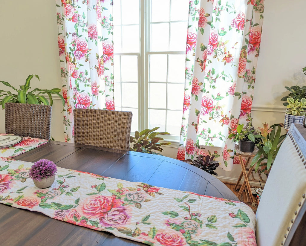DaDa Bedding Romantic Roses Pink White Lovely Floral Quilted Dining Table Runner (879) DaDalogy Bedding Collection