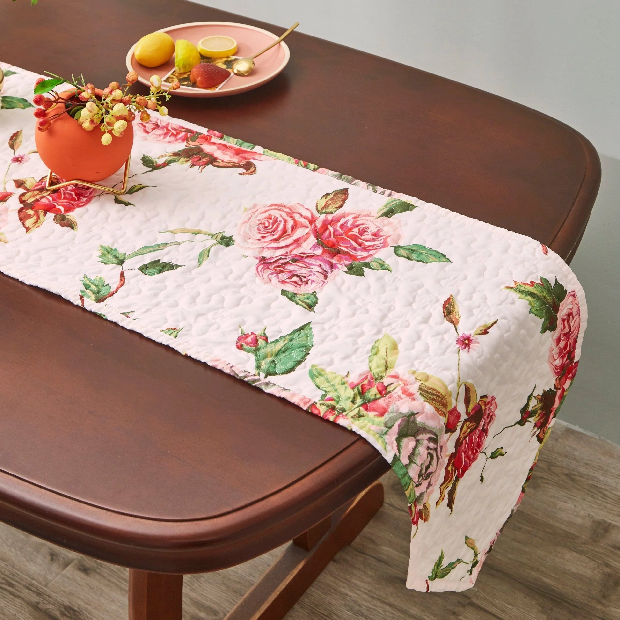 DaDa Bedding Romantic Roses Pink White Lovely Floral Quilted Dining Table Runner (879) DaDalogy Bedding Collection