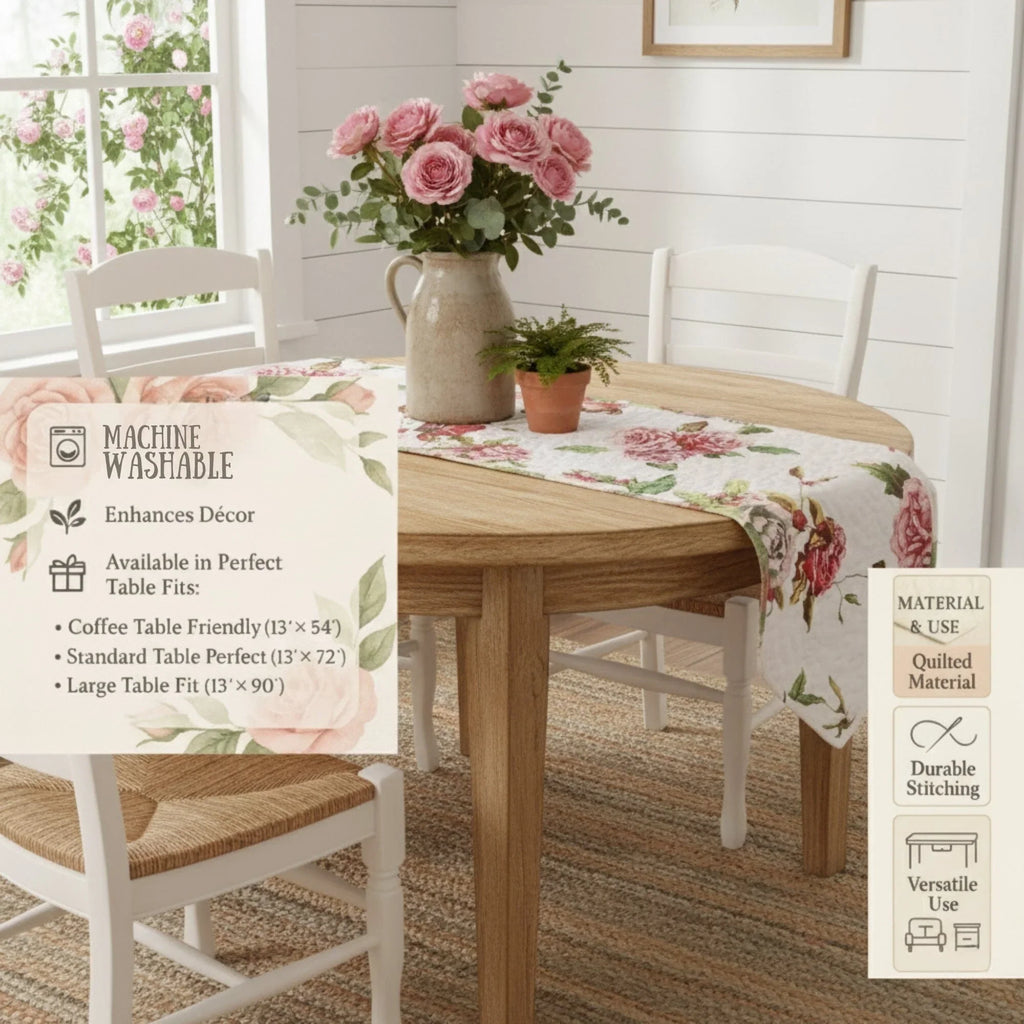DaDa Bedding Romantic Roses Pink White Lovely Floral Quilted Dining Table Runner (879) DaDalogy Bedding Collection