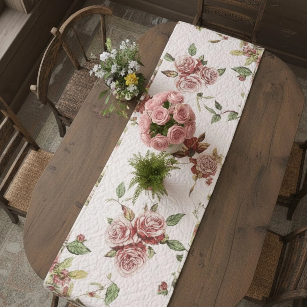 DaDa Bedding Romantic Roses Pink White Lovely Floral Quilted Dining Table Runner (879) DaDalogy Bedding Collection