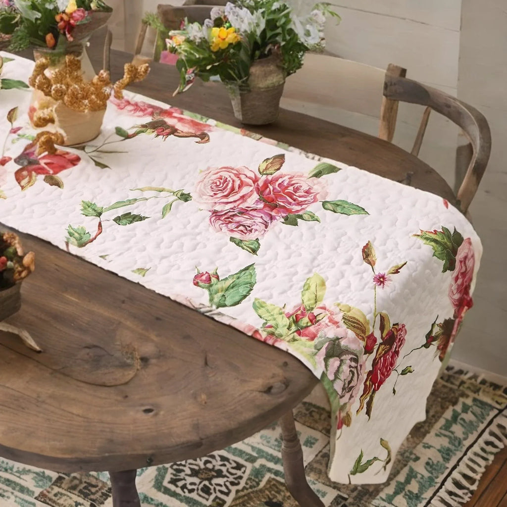 DaDa Bedding Romantic Roses Pink White Lovely Floral Quilted Dining Table Runner (879) DaDalogy Bedding Collection