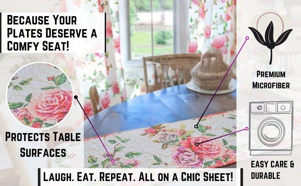 DaDa Bedding Romantic Roses Pink White Lovely Floral Quilted Dining Table Runner (879) DaDalogy Bedding Collection