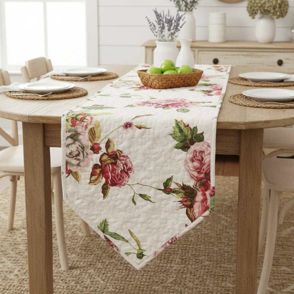 DaDa Bedding Romantic Roses Pink White Lovely Floral Quilted Dining Table Runner (879) DaDalogy Bedding Collection
