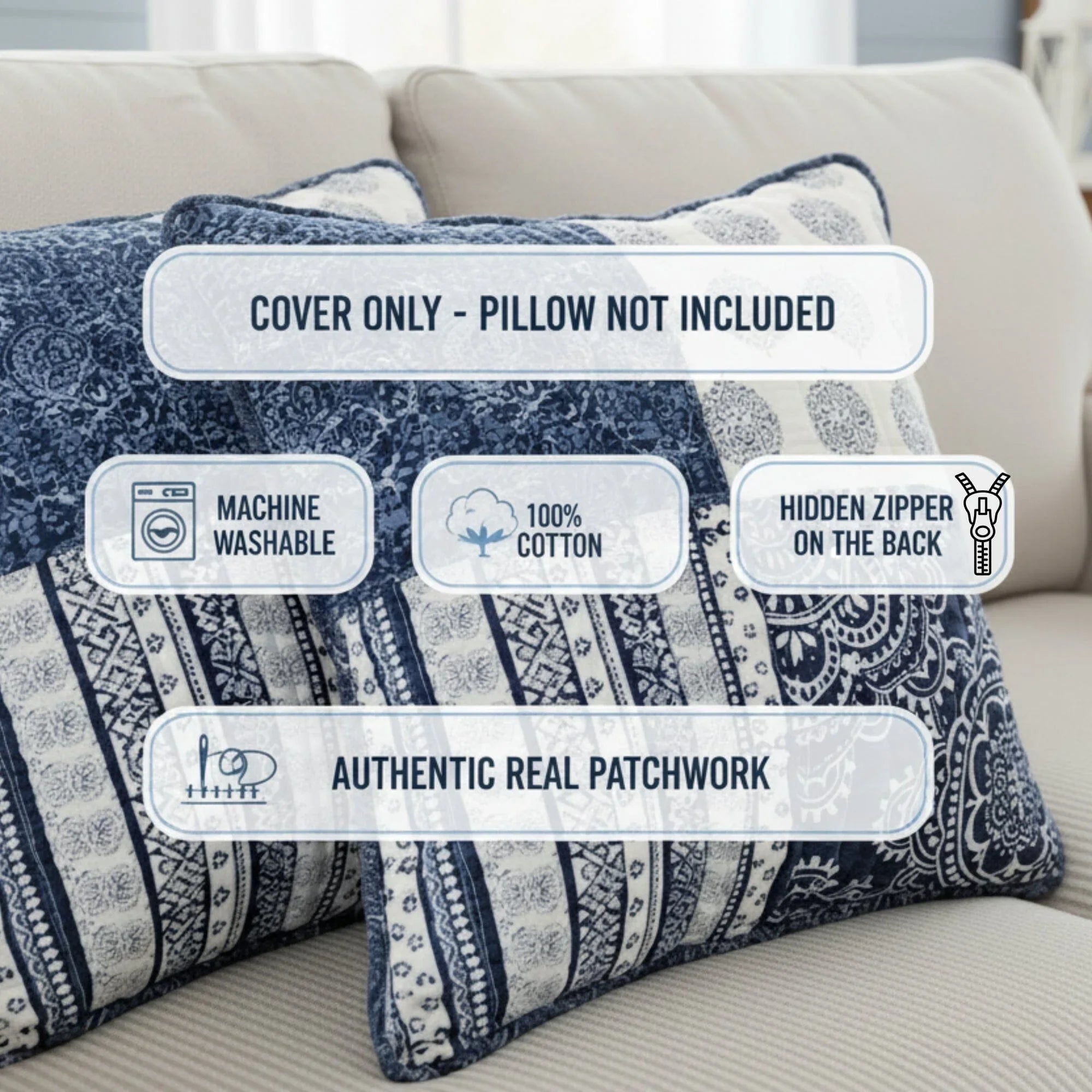 DaDa Bedding Set of 2-Pieces Bohemian Denim Blue Elegance Throw Pillow Covers - 18” x 18" (JHW660) DaDalogy Bedding Collection