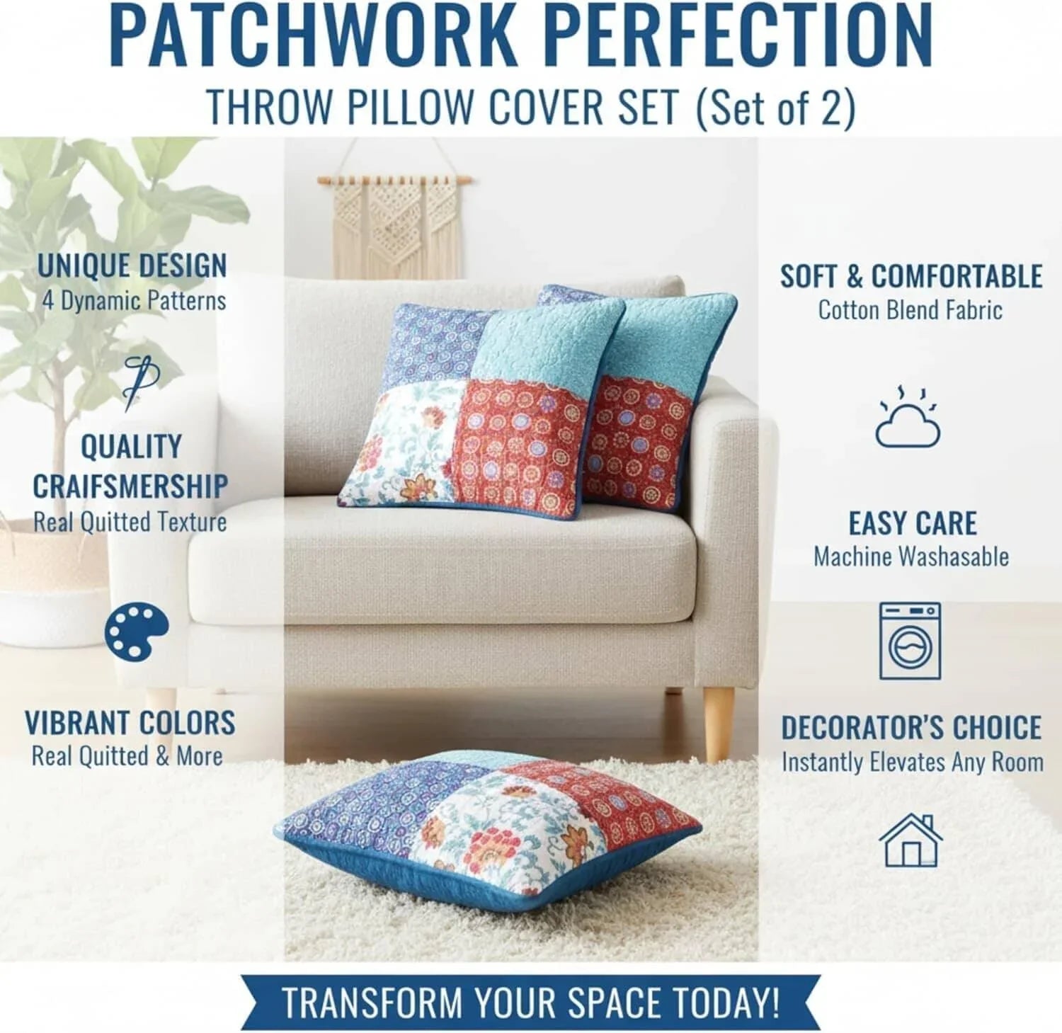 DaDa Bedding Set of 2-Pieces Bohemian Vibes Patchwork Floral Throw Pillow Covers, 18" x 18" (JHW878) DaDalogy Bedding Collection