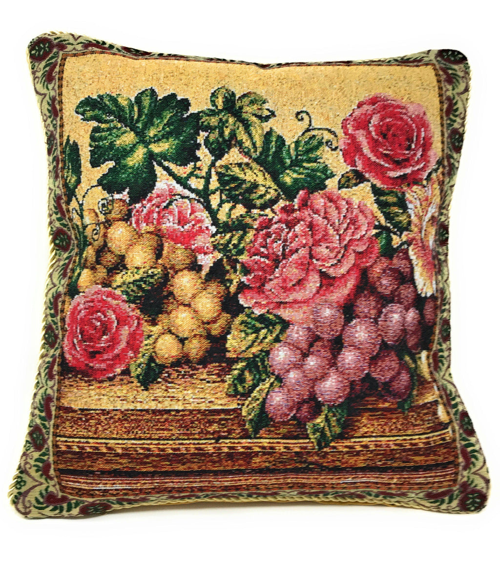DaDa Bedding Set of 2-Pieces Parade Fruit & Roses Garden Tapestry Throw Pillow Covers w/ Inserts - 18" x 18" DaDalogy Bedding Collection