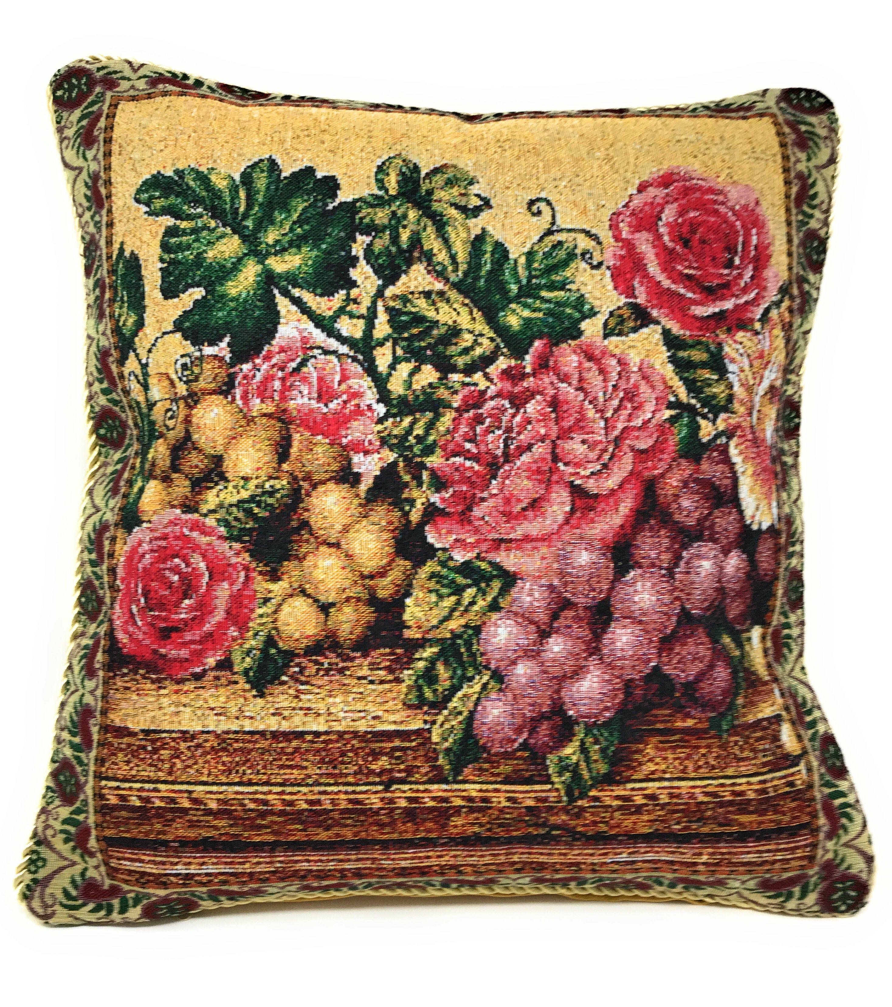 DaDa Bedding Set of 2-Pieces Parade Fruit & Roses Garden Tapestry Throw Pillow Covers w/ Inserts - 18" x 18" DaDalogy Bedding Collection