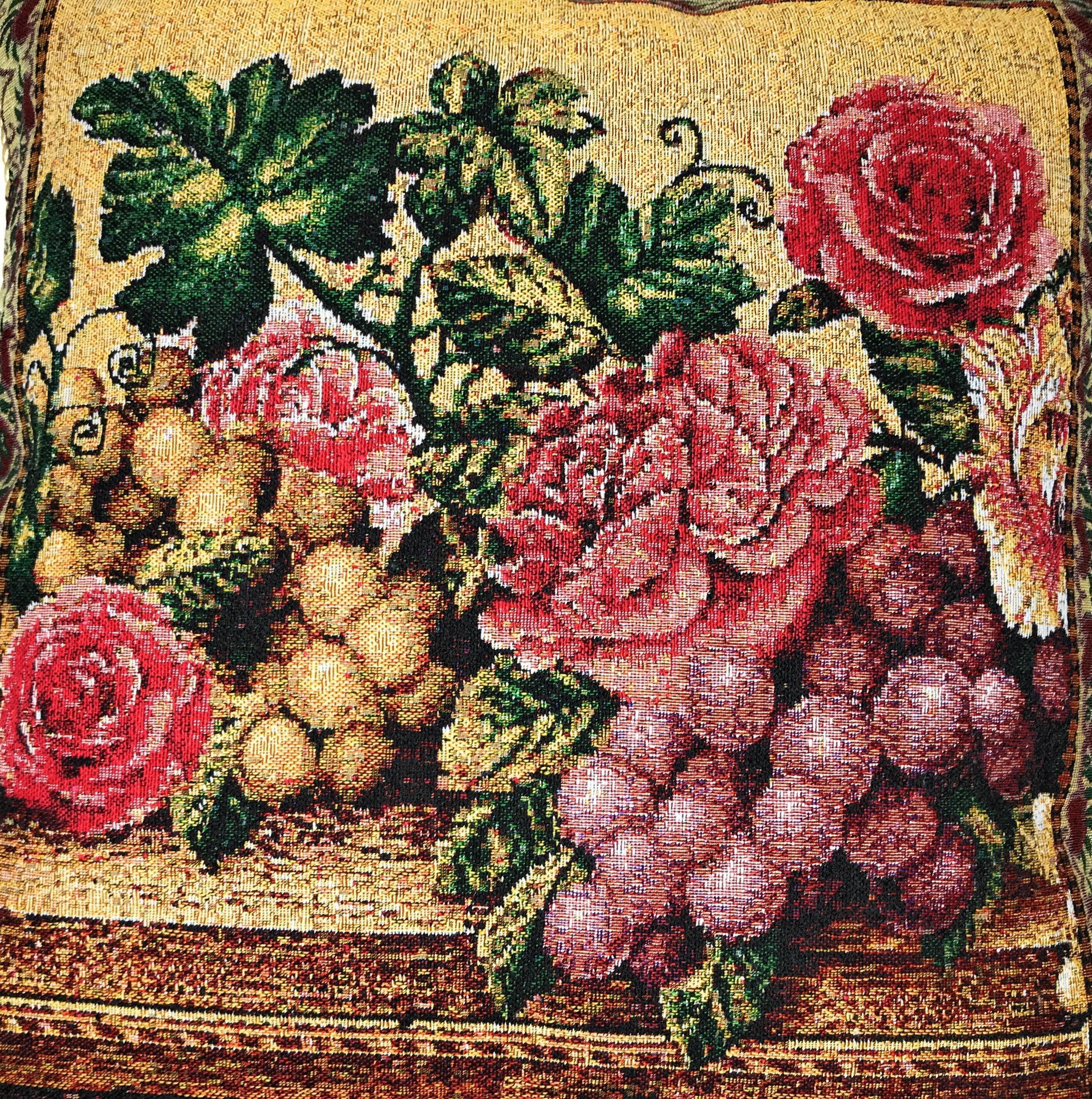 DaDa Bedding Set of 2-Pieces Parade Fruit & Roses Garden Tapestry Throw Pillow Covers w/ Inserts - 18" x 18" DaDalogy Bedding Collection