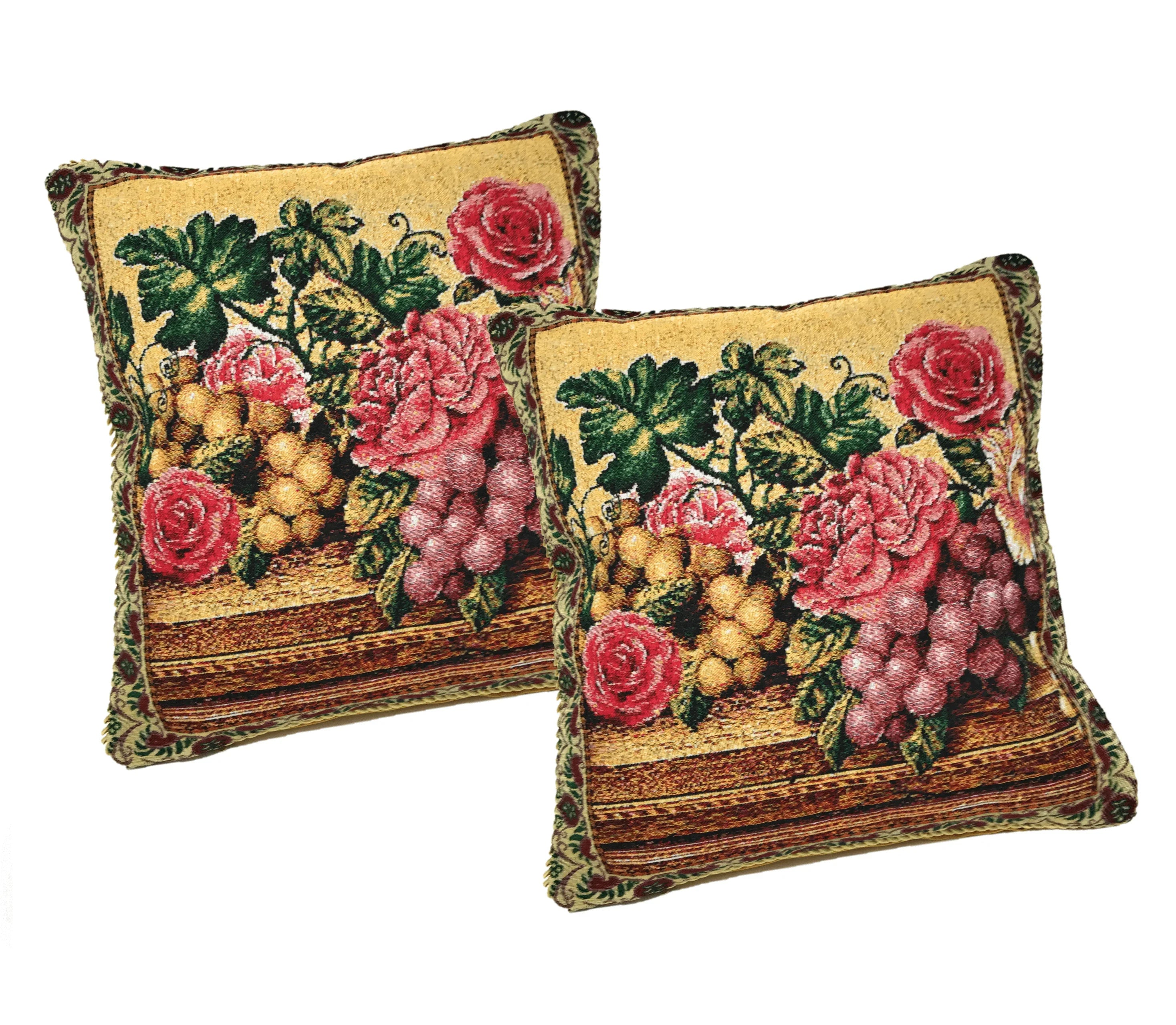 DaDa Bedding Set of 2-Pieces Parade Fruit & Roses Garden Tapestry Throw Pillow Covers w/ Inserts - 18" x 18" DaDalogy Bedding Collection