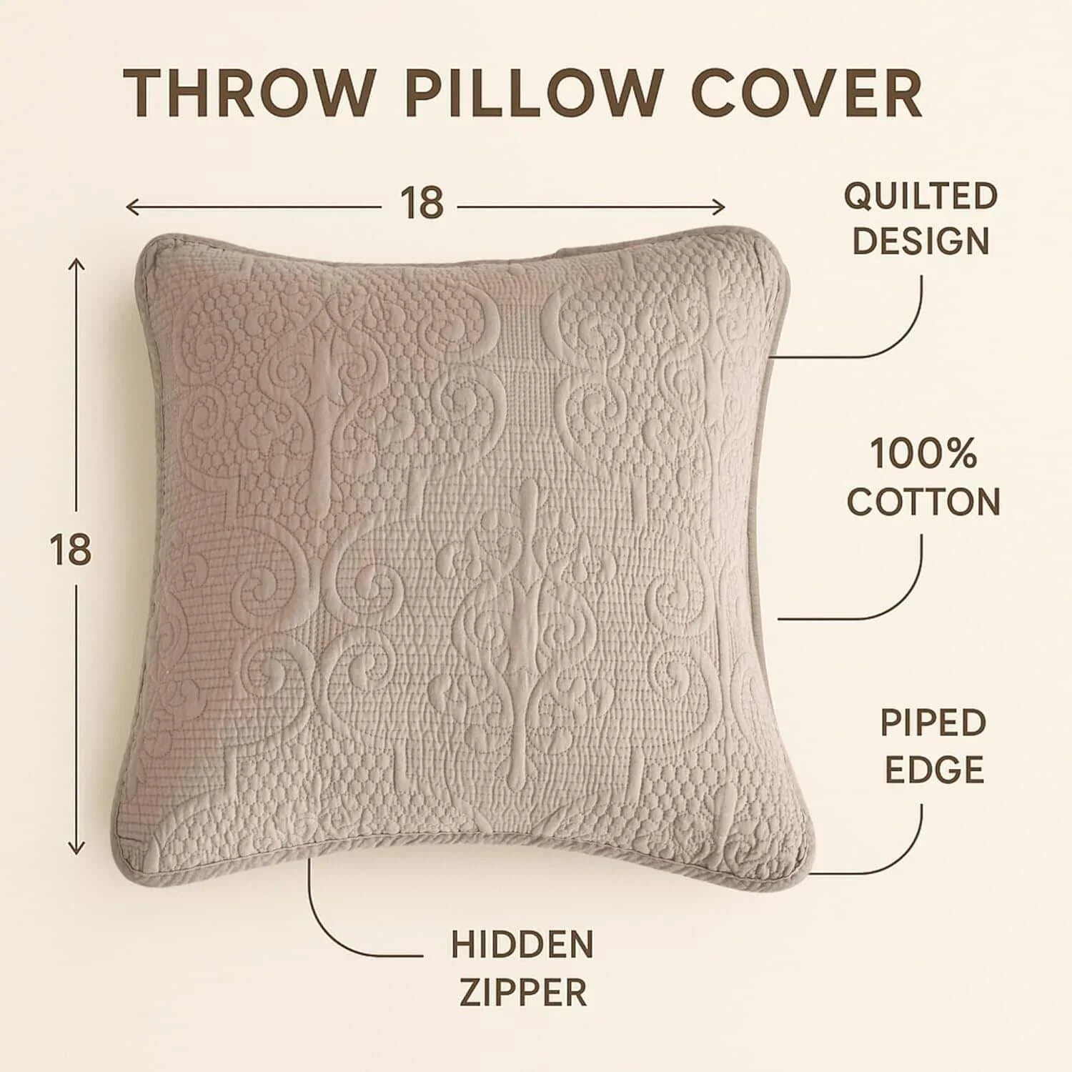 DaDa Bedding Set of 2-Pieces Sandy Beige Taupe Square Cushion Throw Pillow Covers, 18" x 18" (JHW-585) DaDalogy Bedding Collection
