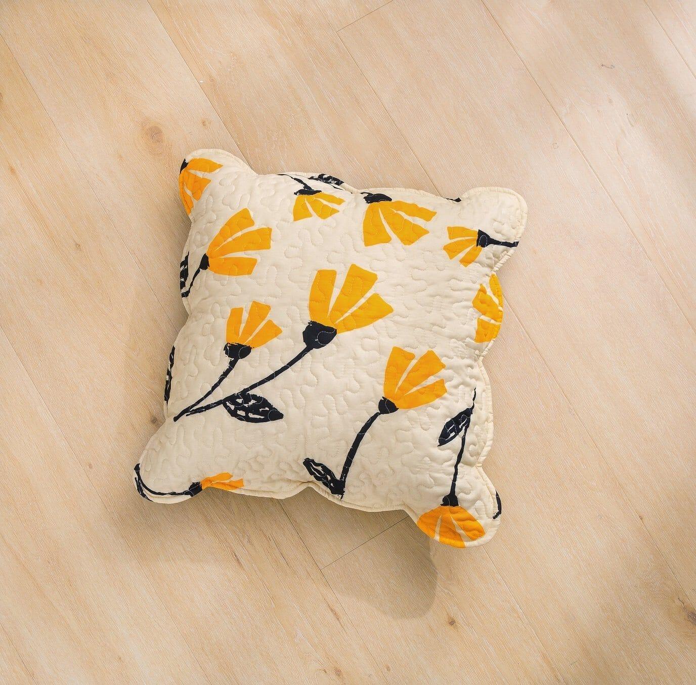 DaDa Bedding Set of 2-Pieces Yellow Fleur Floral Golden Orange Ivory Cream Scalloped Throw Pillow Covers, 18" x 18" (18112) DaDalogy Bedding Collection
