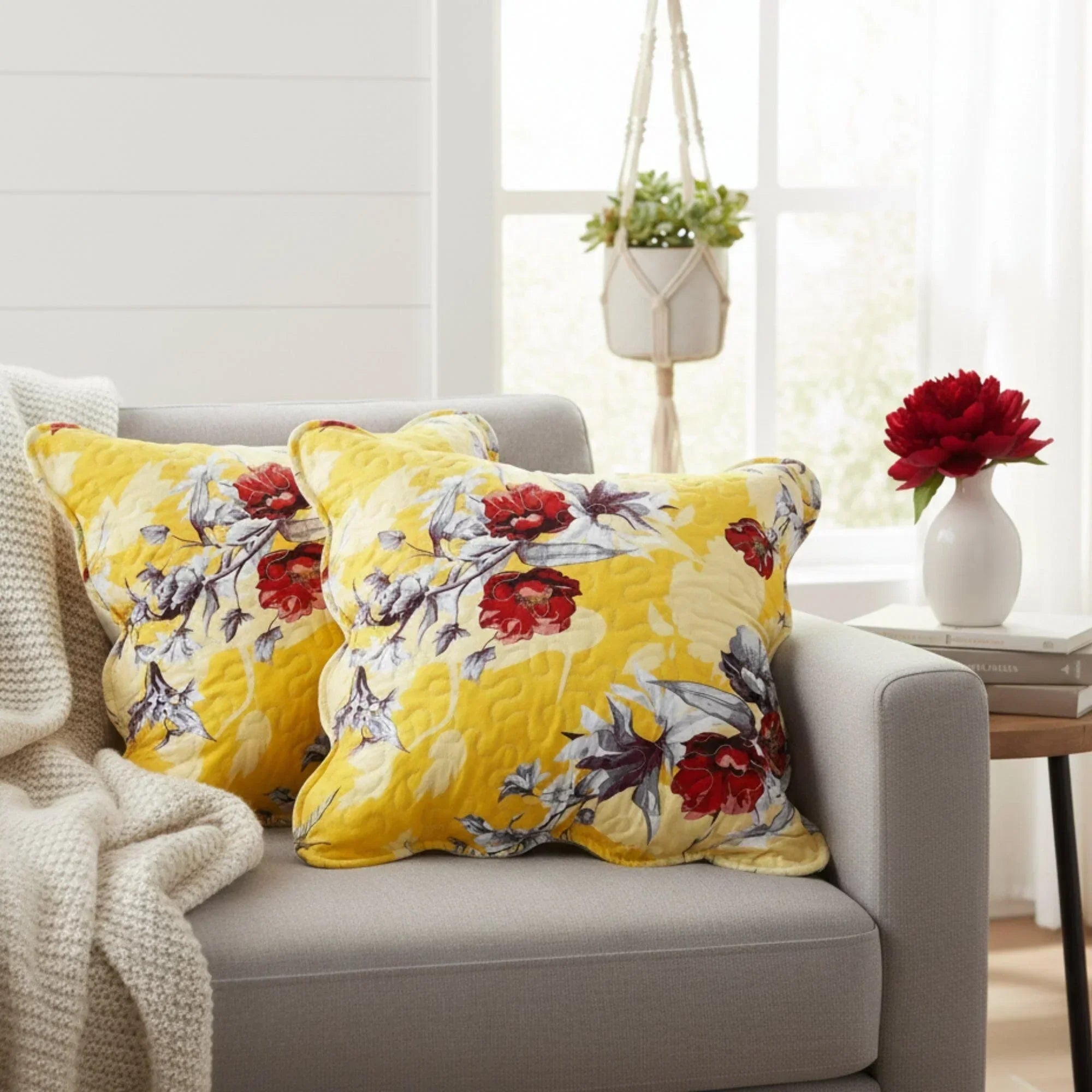 DaDa Bedding Set of 2 Sunshine Yellow Hummingbirds Floral Scalloped Throw Pillow Covers, 18" (JHW925) DaDalogy Bedding Collection