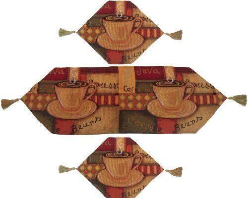 DaDa Bedding Set of 3-Pieces - Smell of Coffee Café Cup Orange Brown Woven Tapestry Dining Table Runners (9912) DaDalogy Bedding Collection