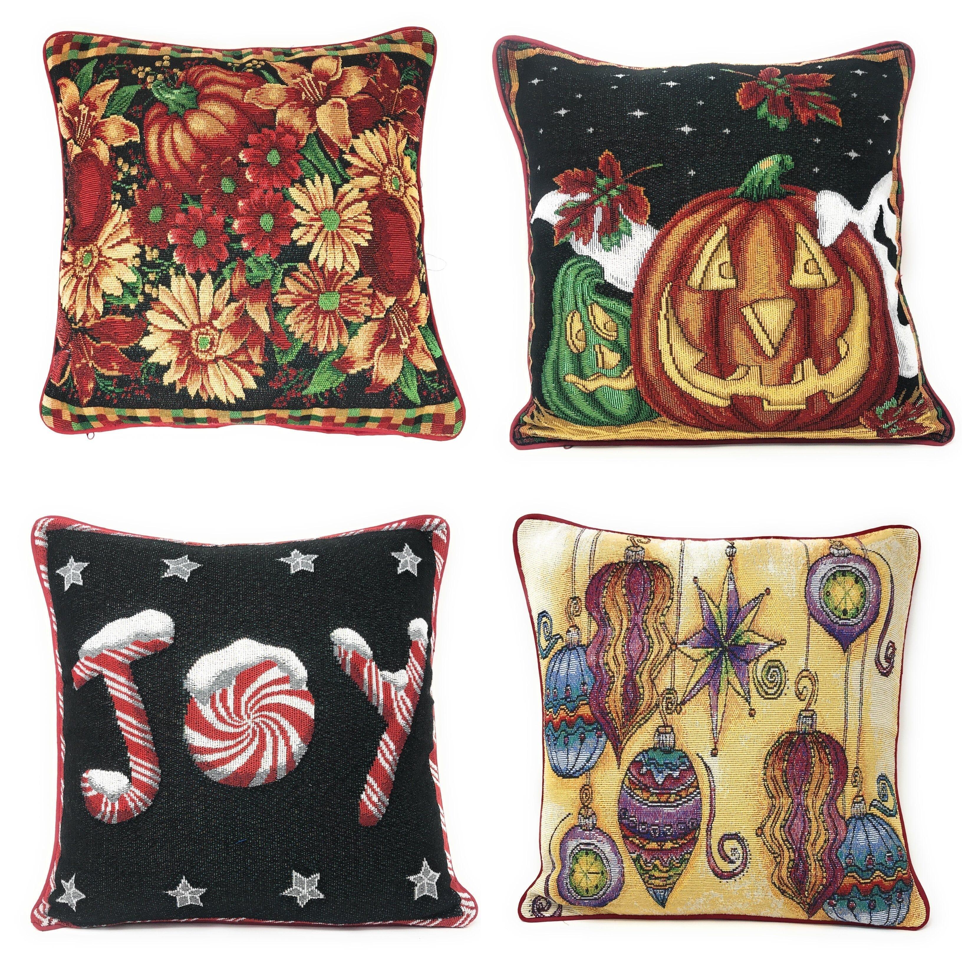 DaDa Bedding Set of 4 Pieces - Autumn Harvest Halloween & Christmas Ornaments Holiday Tapestry Throw Pillow Covers Bundle Pack - 16" x 16" DaDalogy Bedding Collection