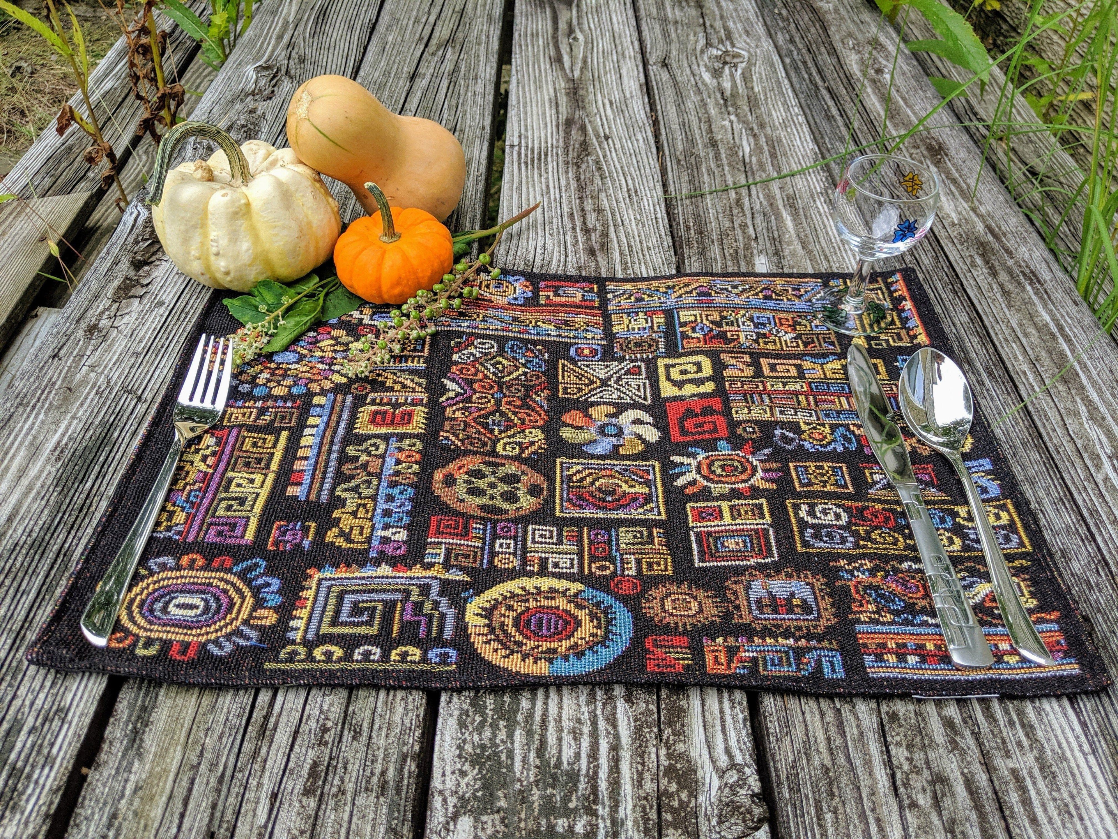 DaDa Bedding Set of 4-Pieces Ethnic Ornaments Geometric Black Tapestry Dining Placemats 13” x 19” (18118)