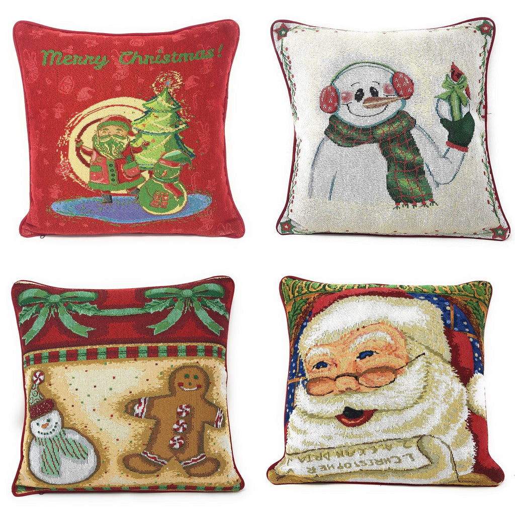 DaDa Bedding Set of 4 Pieces - Magical Santa Snowman Gingerbread Christmas Holiday Tapestry Throw Pillow Covers Bundle Pack - 16" x 16" DaDalogy Bedding Collection