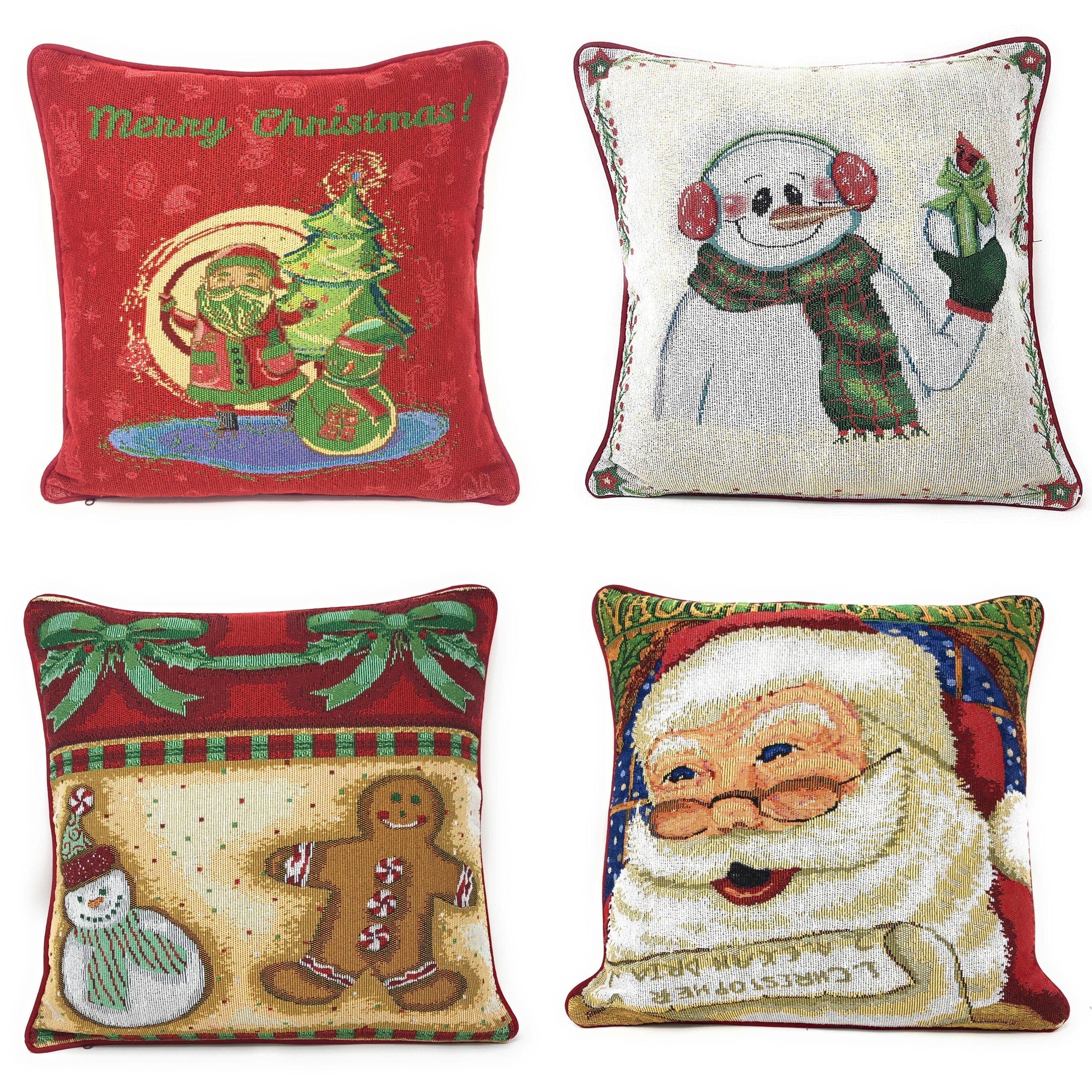 DaDa Bedding Set of 4 Pieces - Magical Santa Snowman Gingerbread Christmas Holiday Tapestry Throw Pillow Covers Bundle Pack - 16" x 16" DaDalogy Bedding Collection
