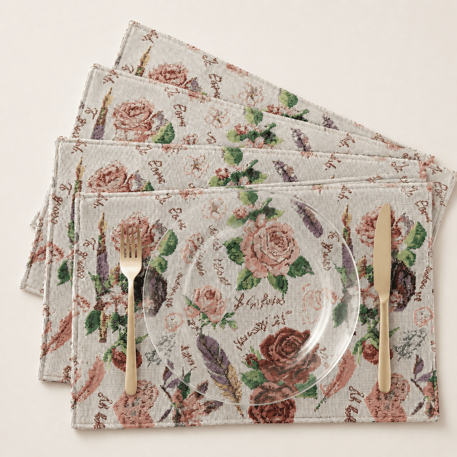 DaDa Bedding Set of 4-Pieces Sweet Love Notes Pink Floral Tapestry Dining Table Placemats 13” x 19”