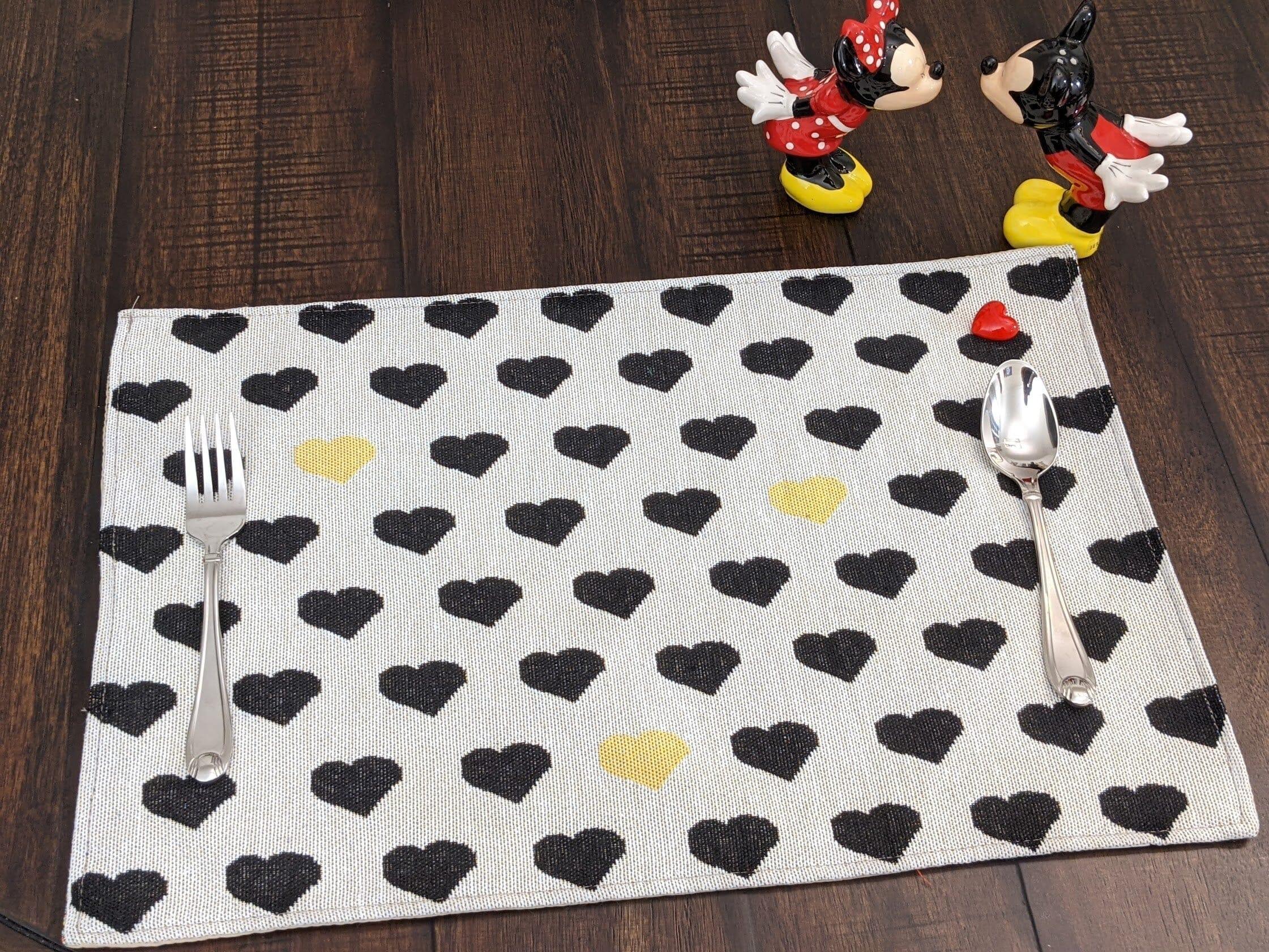 DaDa Bedding Set of 4-Pieces Valentine's day Yellow & Black Hearts Tapestry Dining Table Placemats 13” x 19” (18113) DaDalogy Bedding Collection