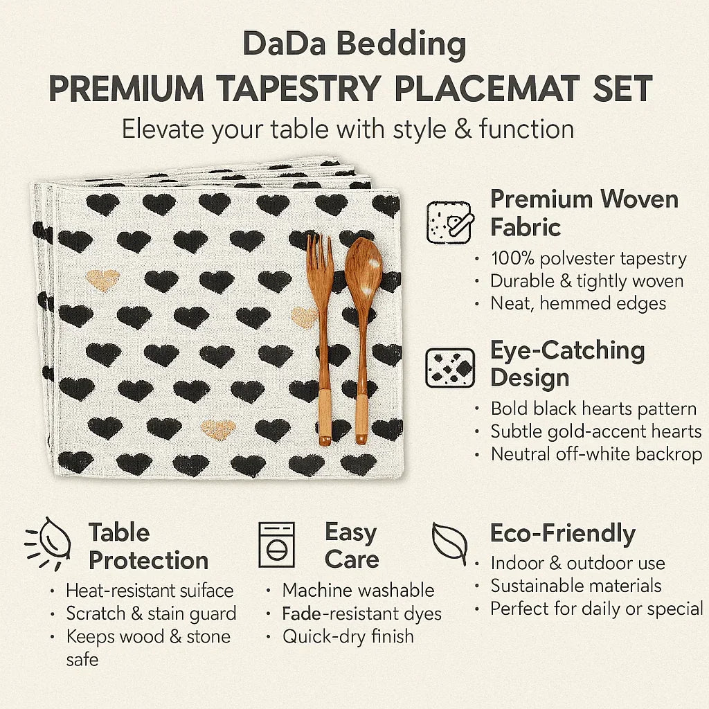 DaDa Bedding Set of 4-Pieces Valentine's day Yellow & Black Hearts Tapestry Dining Table Placemats 13” x 19” (18113) DaDalogy Bedding Collection