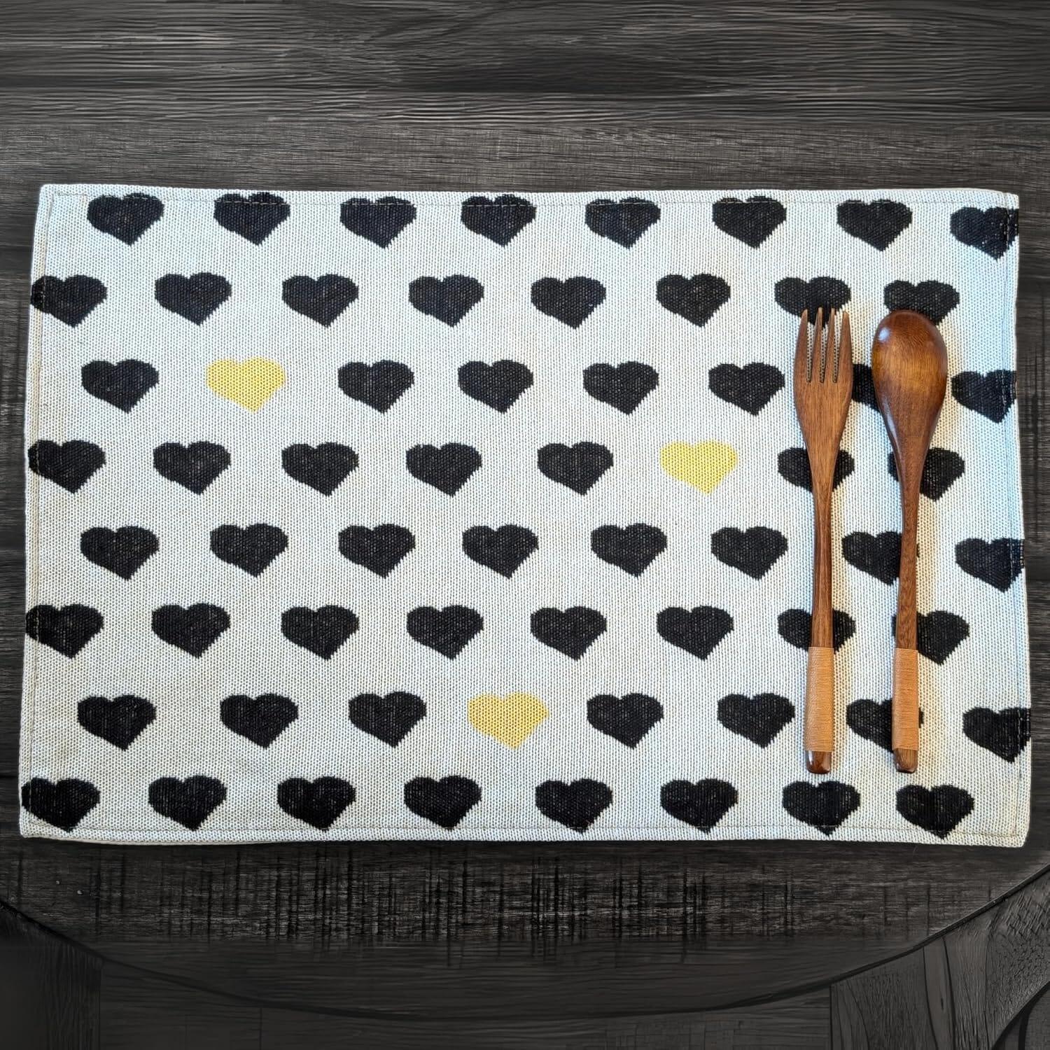 DaDa Bedding Set of 4-Pieces Valentine's day Yellow & Black Hearts Tapestry Dining Table Placemats 13” x 19” (18113) DaDalogy Bedding Collection