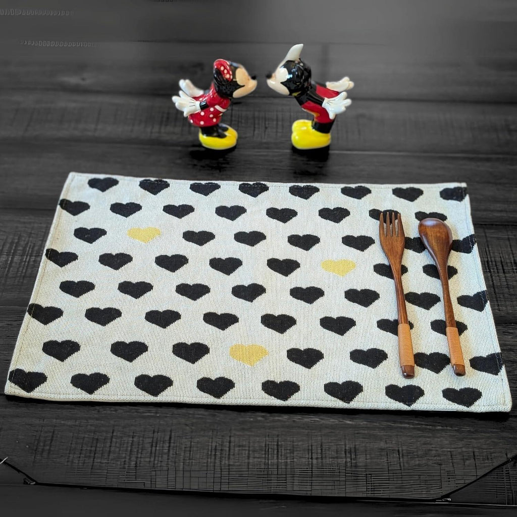 DaDa Bedding Set of 4-Pieces Valentine's day Yellow & Black Hearts Tapestry Dining Table Placemats 13” x 19” (18113) DaDalogy Bedding Collection